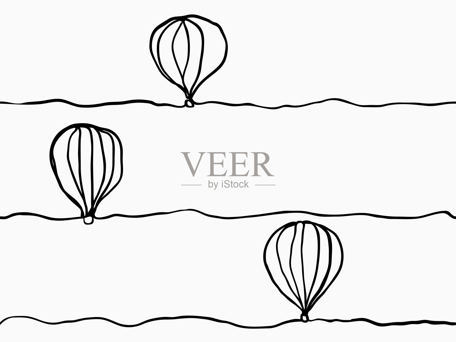 黑色简单幼稚连续手绘线条艺术热气球上的天空无缝图案为墙纸、标签、横幅、包装等矢量设计。设计元素图片