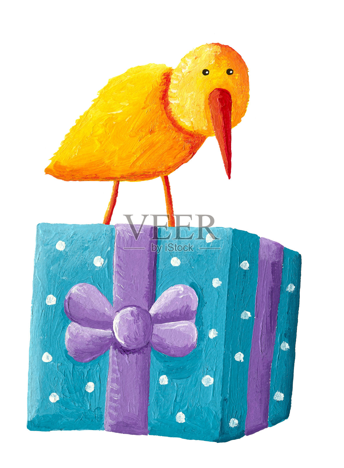 黄色的鸟坐在一个漂亮的礼物盒子上的插图，白色的背景上的插图插画图片素材