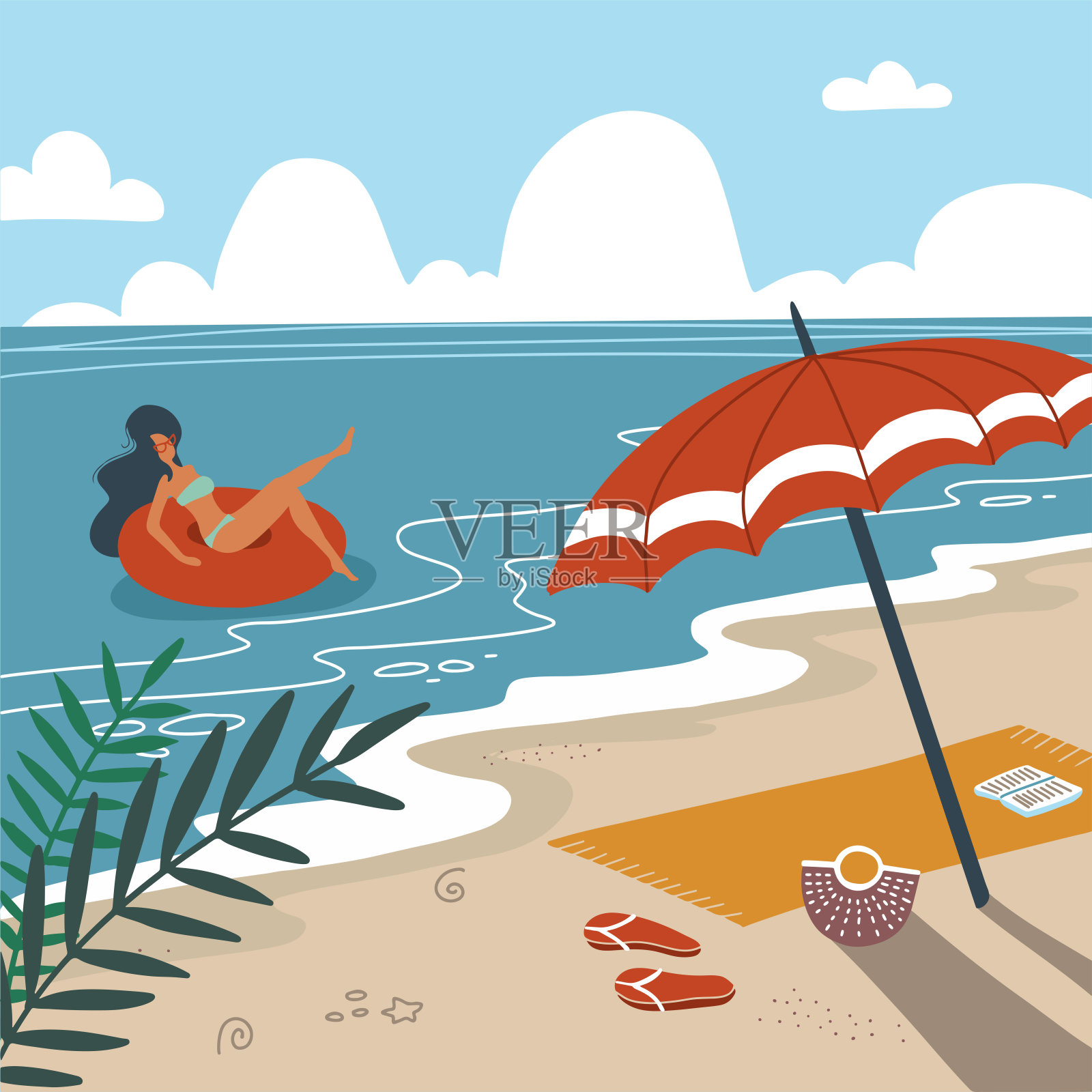 热带景观。棕榈树和热带植物。海景。沙滩上的浴巾和雨伞。穿着泳衣的女人在海浪中漂浮在橡胶圈上。平面向量插图插画图片素材