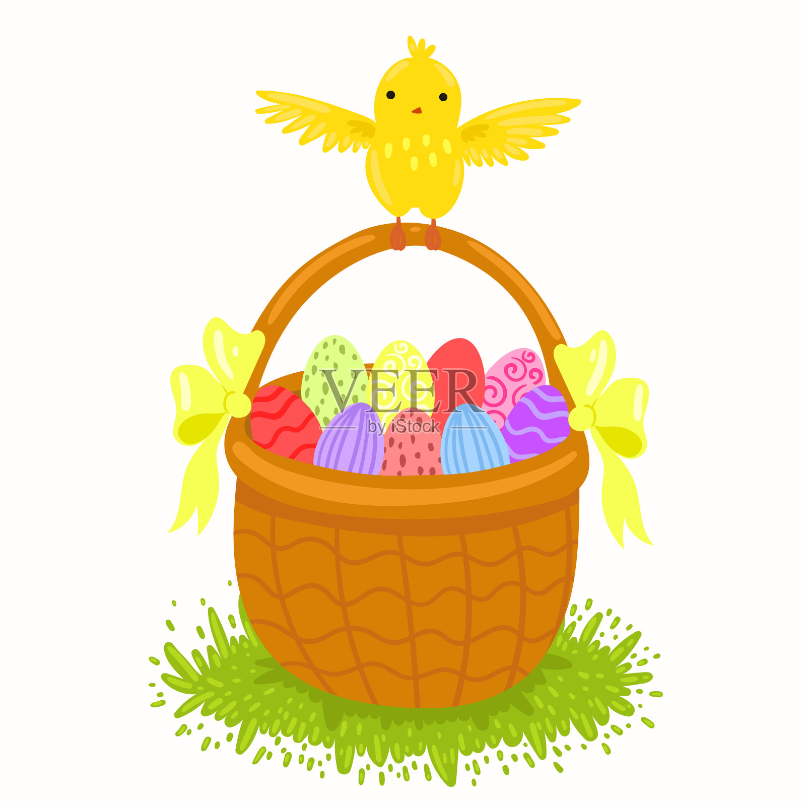 有复活节彩蛋和小鸡的篮子。矢量图形。设计元素图片