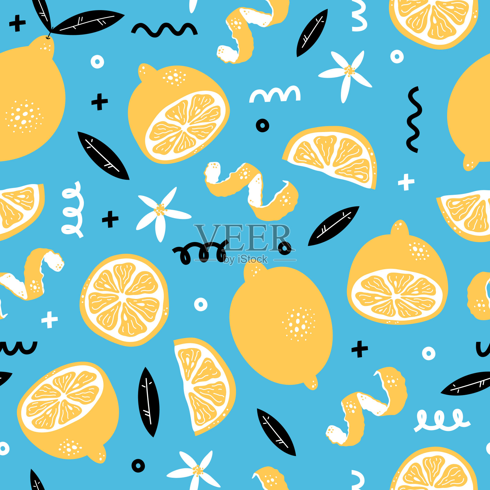 夏季无缝图案与黄色柠檬，花和叶。水果重复背景。孟菲斯风格。矢量明亮印花织物或墙纸。插画图片素材