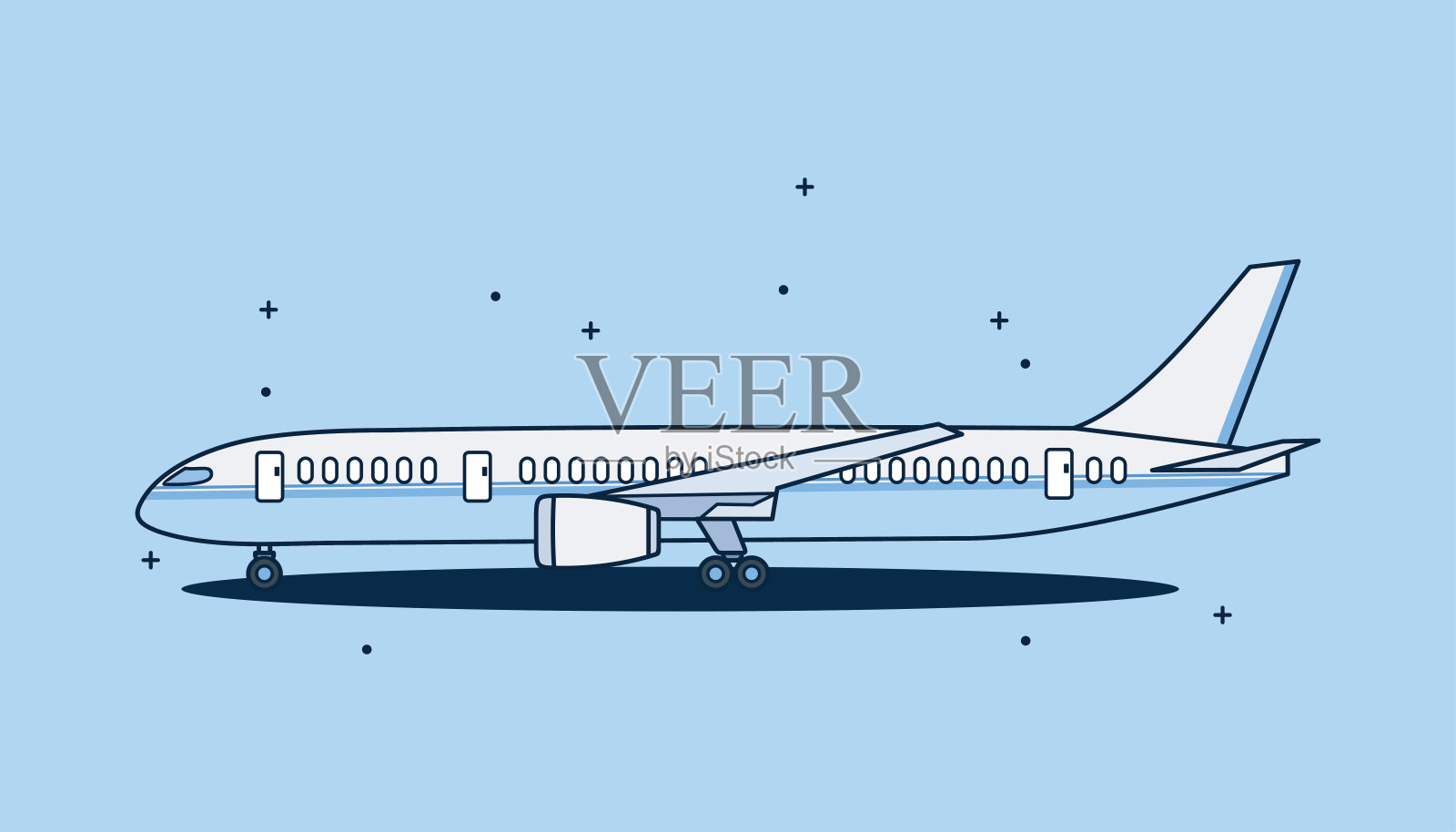 飞机孤立在蓝色背景。设计飞机平面风格。插画图片素材