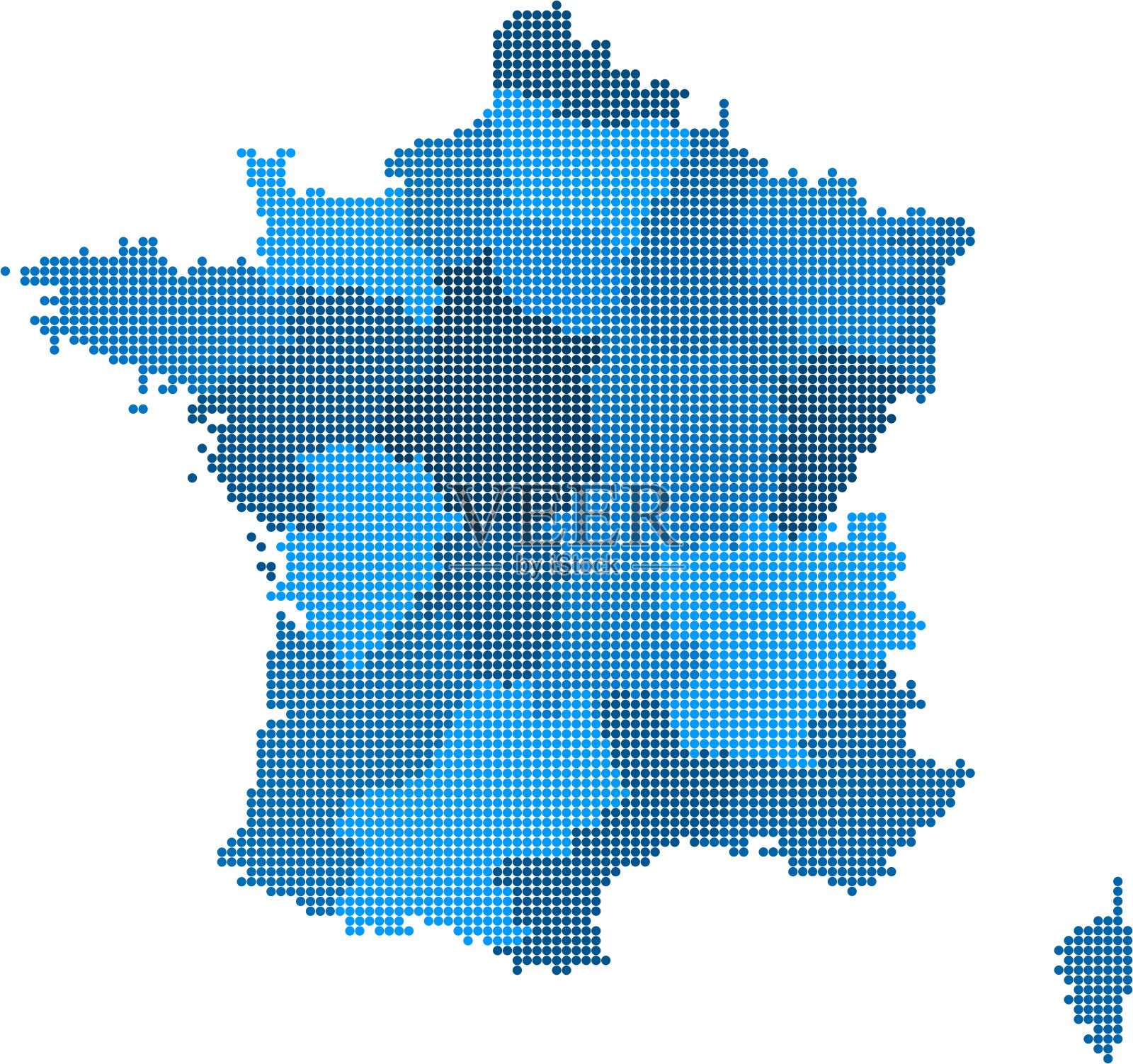 蓝色圆圈法国地图上的白色背景。矢量插图。插画图片素材