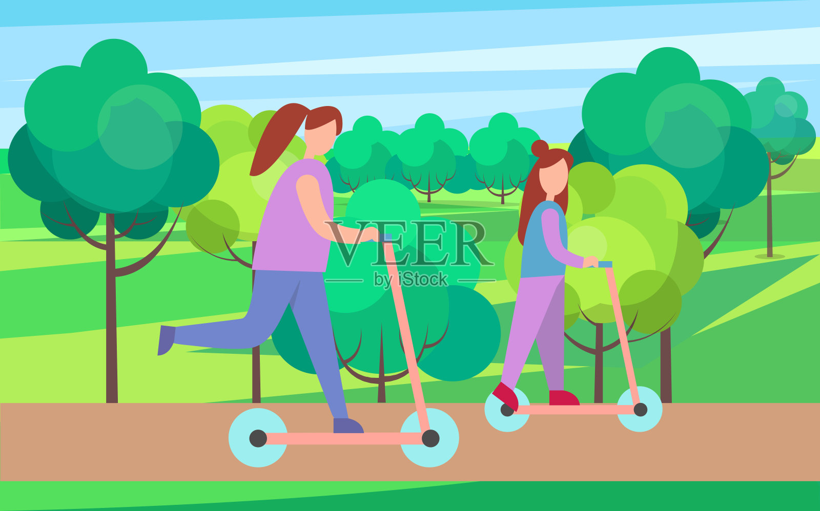 母亲和孩子在滑板车上的公园插图插画图片素材