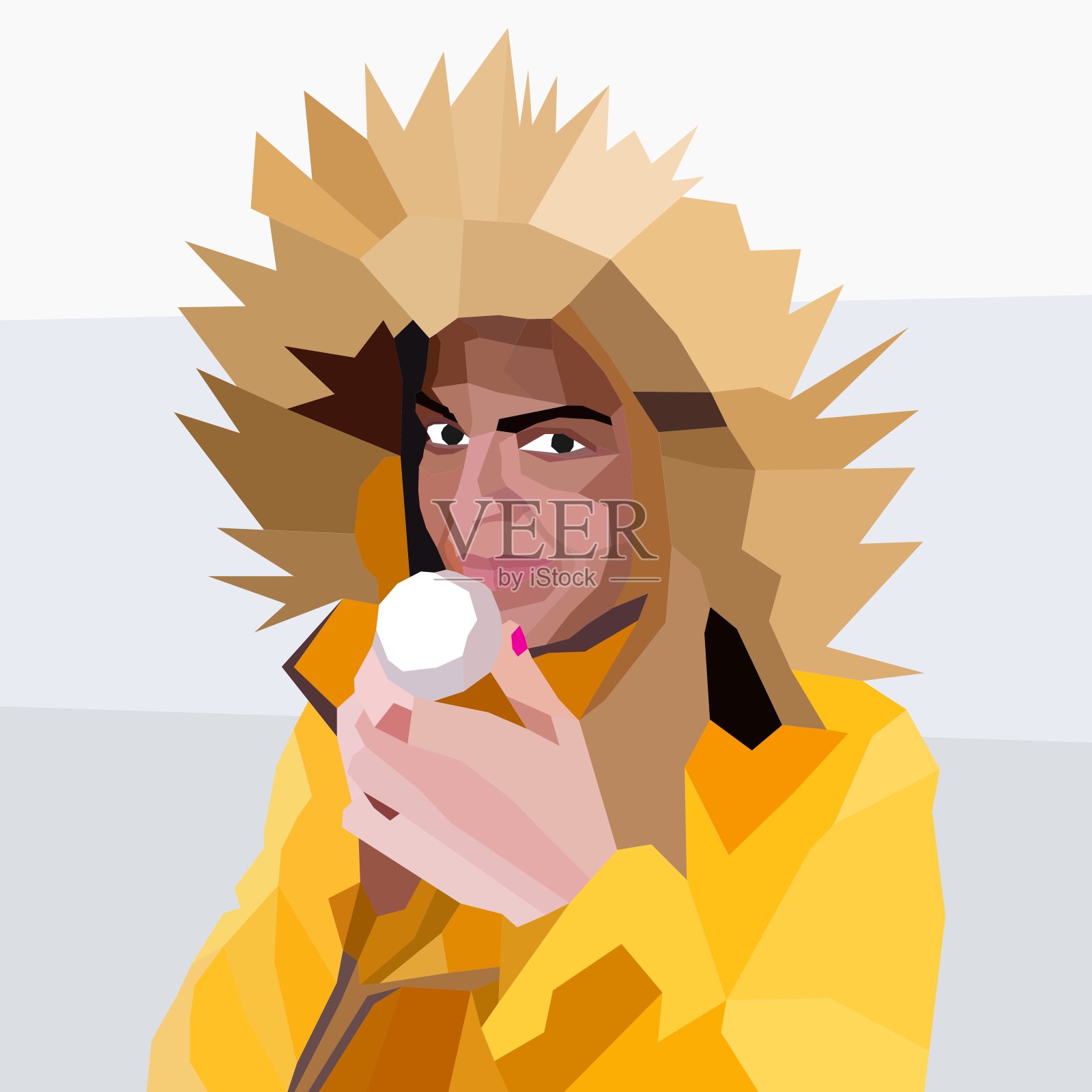 一个漂亮的年轻女子，手里拿着一个冰淇淋蛋筒，穿着一件亮橙色的夹克，戴着一个尖锐的棕色头巾。一个女人的肖像作为低多边形矢量艺术品。插画图片素材