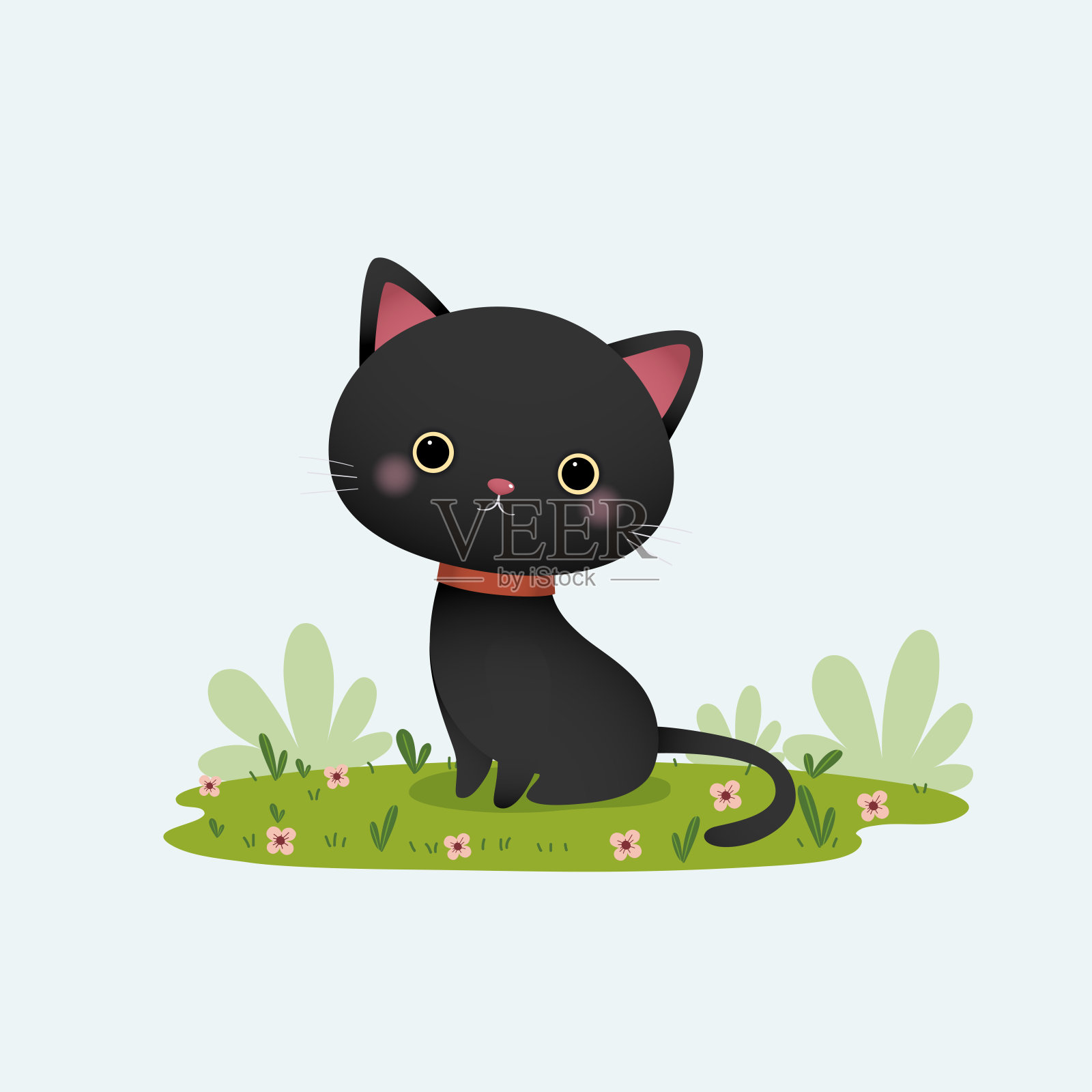 矢量插图卡通黑猫坐在花园里。设计元素图片