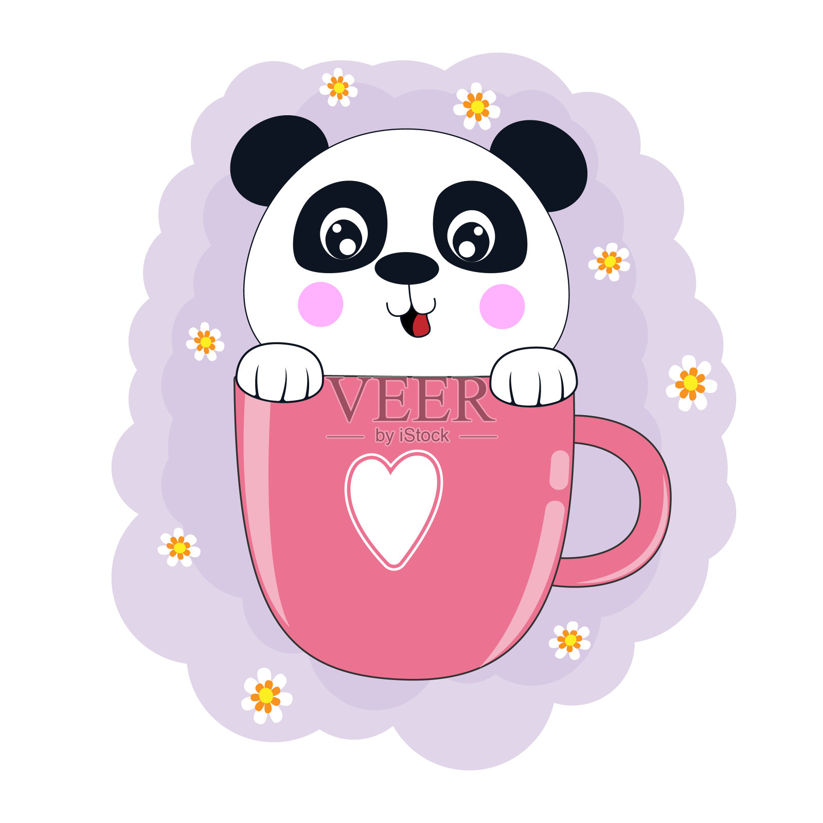 可爱的卡通熊熊猫在粉红色的咖啡杯。设计元素图片