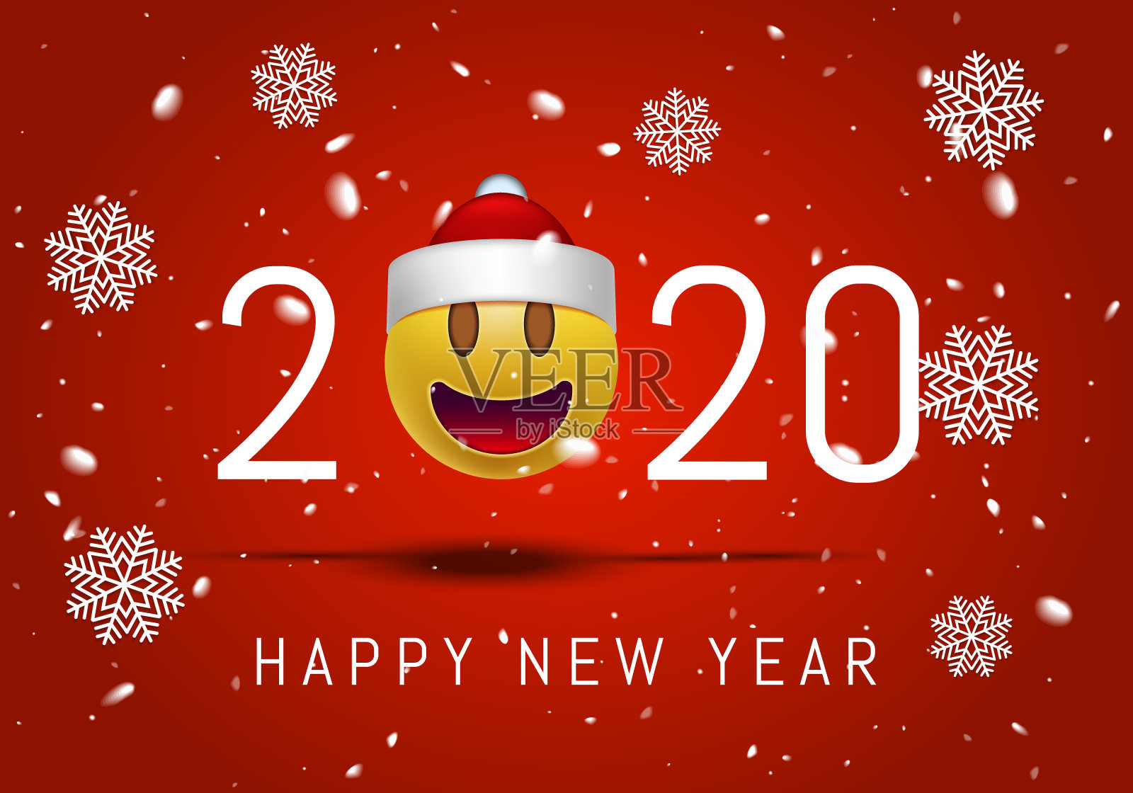 2020年新年贺卡，粉色背景上有戴眼镜的圣诞老人笑脸表情。3d Smiley Emoticon现代设计的社交网络，颜色概念的对话，在线，网络。向量。插画图片素材