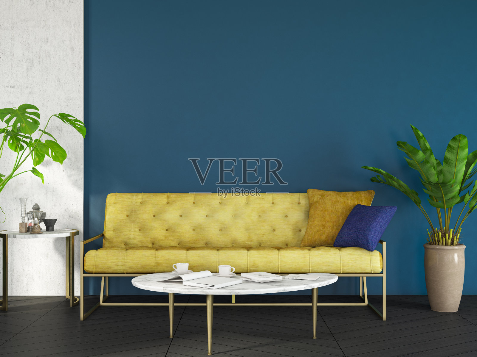 黄色沙发和绿色植物的室内设计照片摄影图片