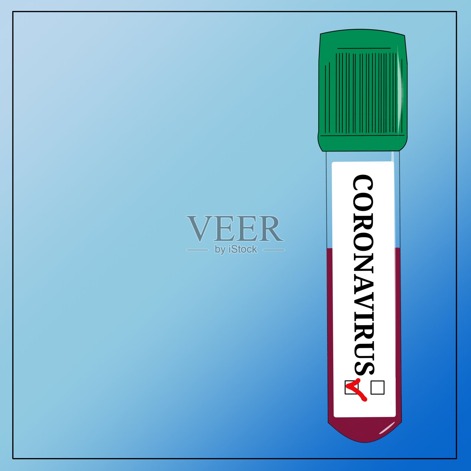 蓝色背景的真空管。冠状病毒测试试管中的血液显示阴性结果。“冠状病毒”和方框里的红勾。插画图片素材