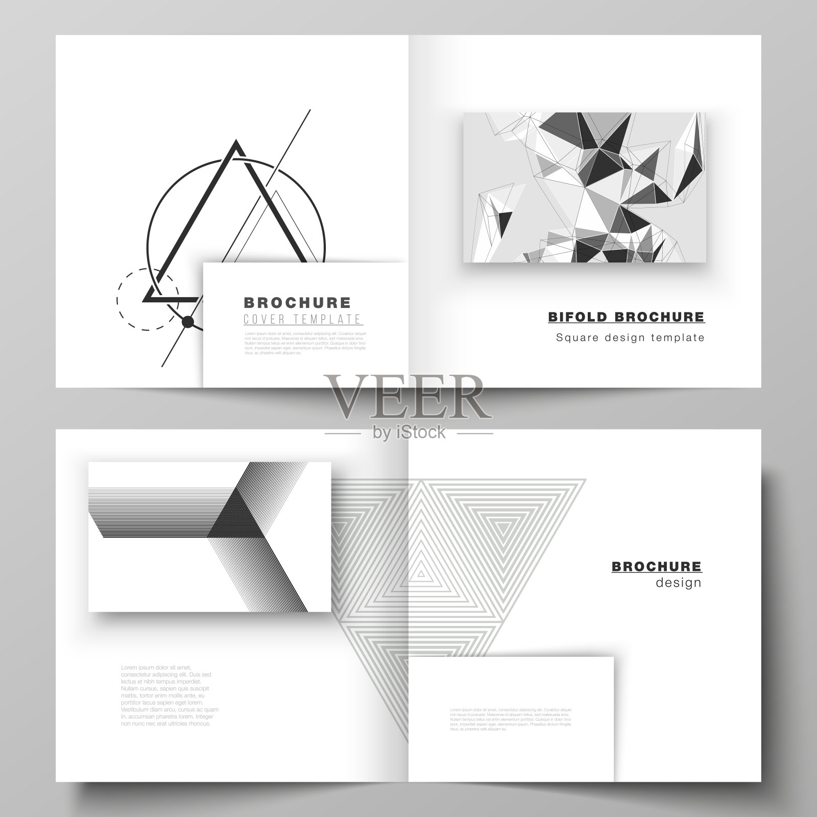 矢量布局的两个封面模板为方形设计双折宣传册，杂志，传单，小册子。抽象几何三角形设计背景采用不同的三角形风格图案。设计模板素材