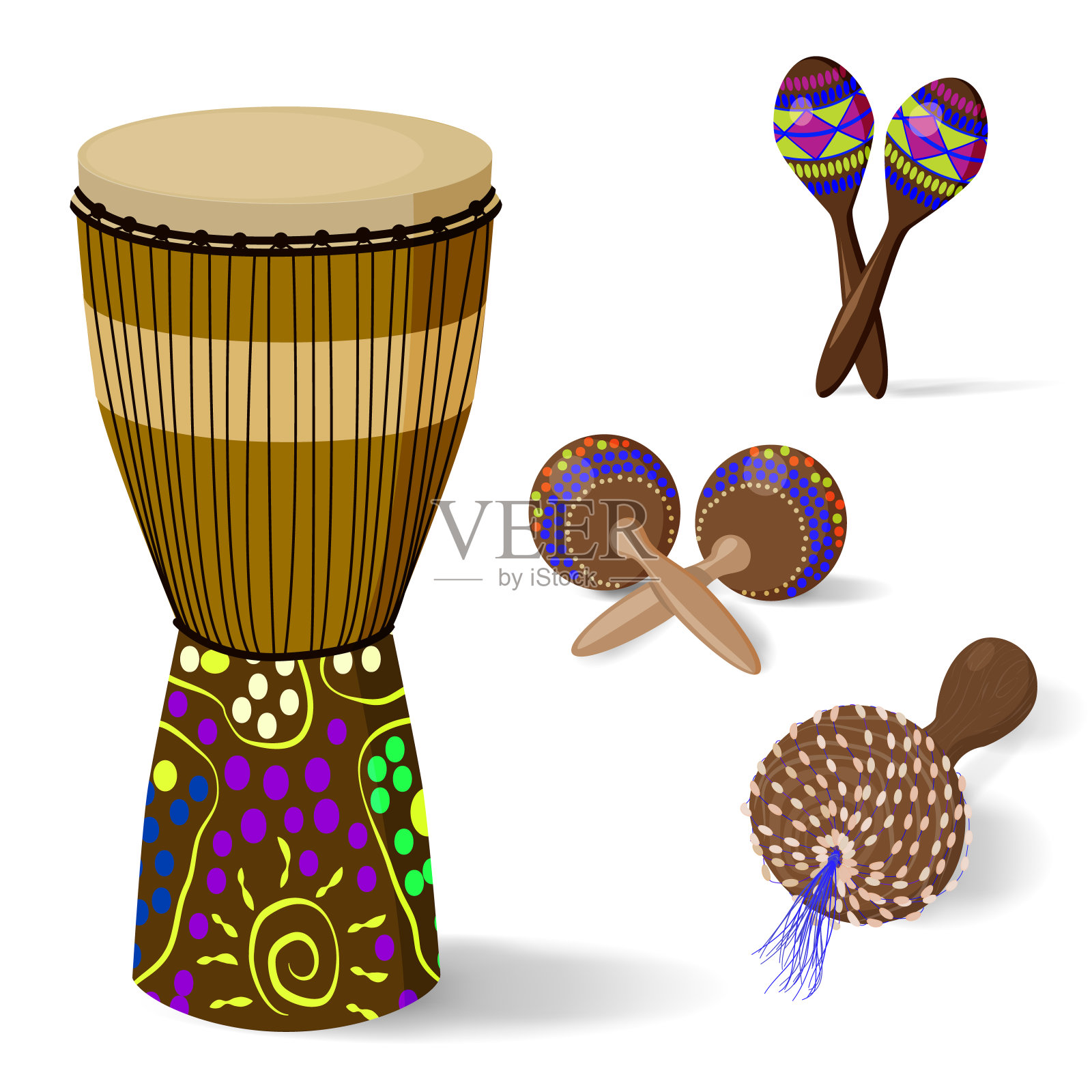 一套非洲民族乐器。巨型鼓和各种沙球。孤立在白色背景上。矢量插图卡通风格。设计元素图片