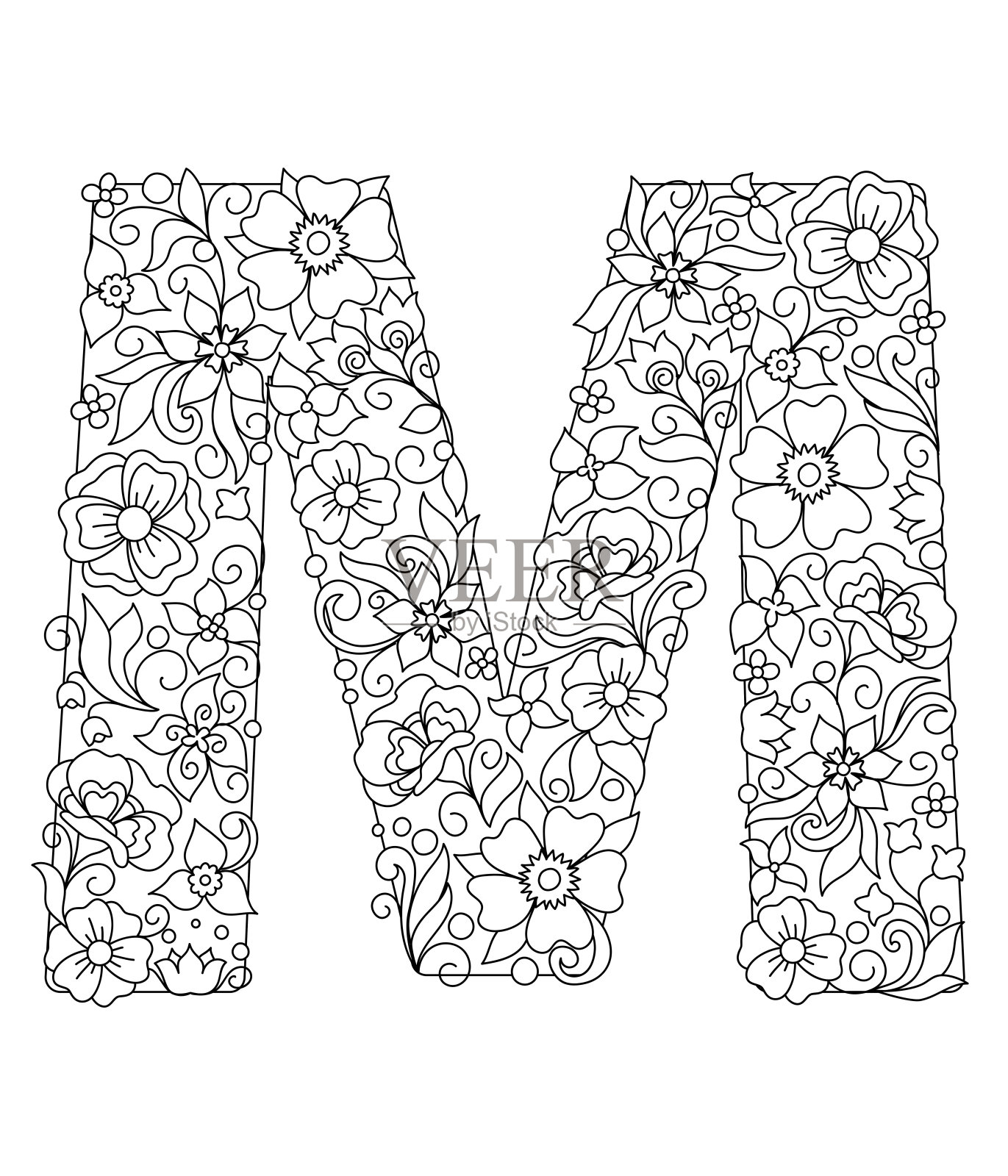 大写字母M与抽象的花图案插画图片素材