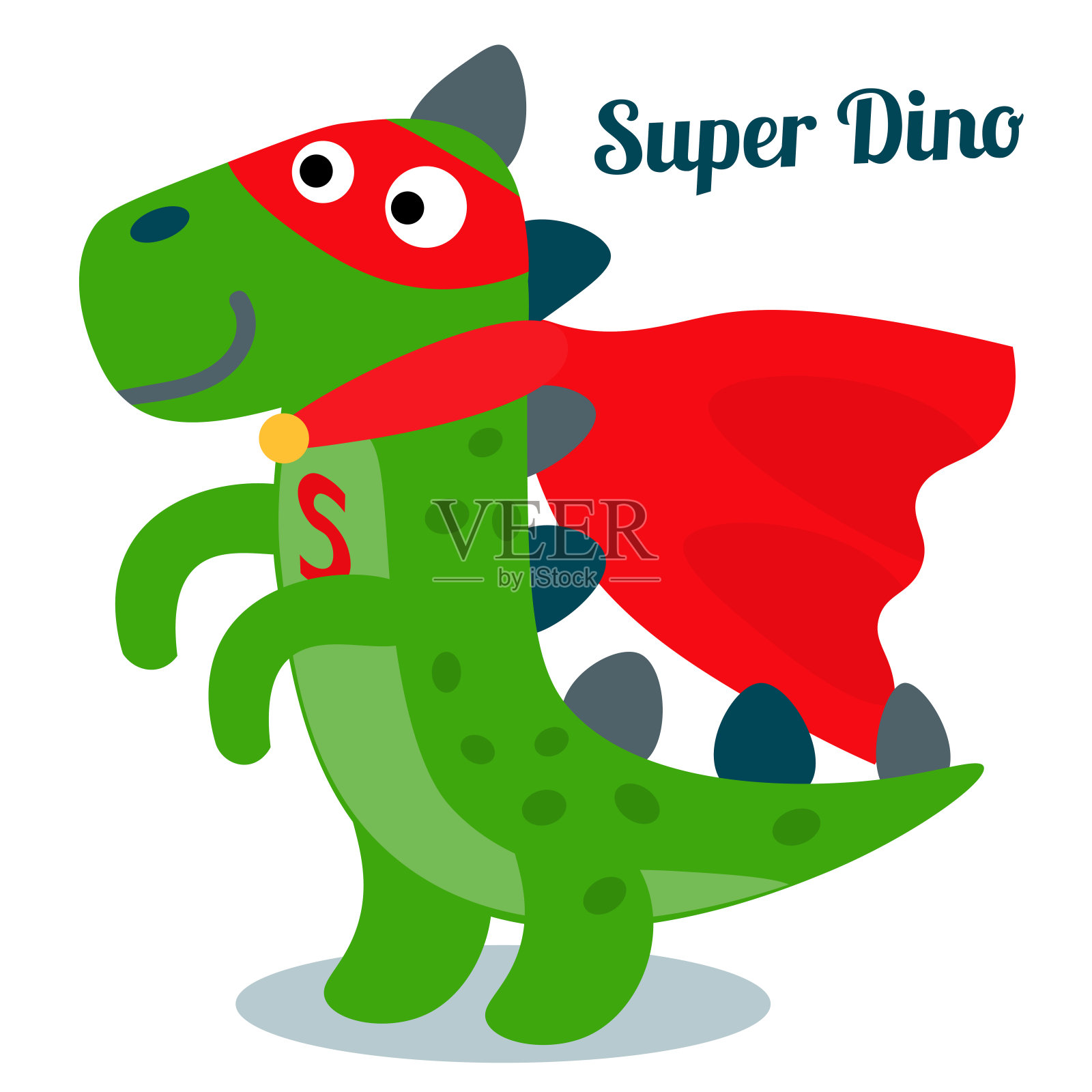 穿着超级英雄服装的搞笑恐龙。超级恐龙。卡通超级英雄站在平面风格孤立的白色背景。矢量插图。设计元素图片
