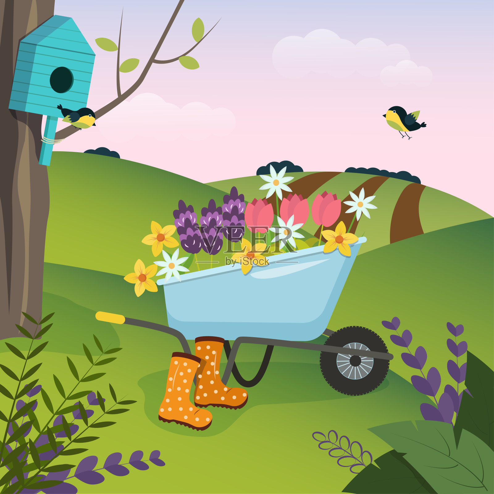 春天风景的插图。花园里的小推车载着春天的鲜花，挂着鸟笼，鸟雀纷纷到来。股票矢量图形。插画图片素材