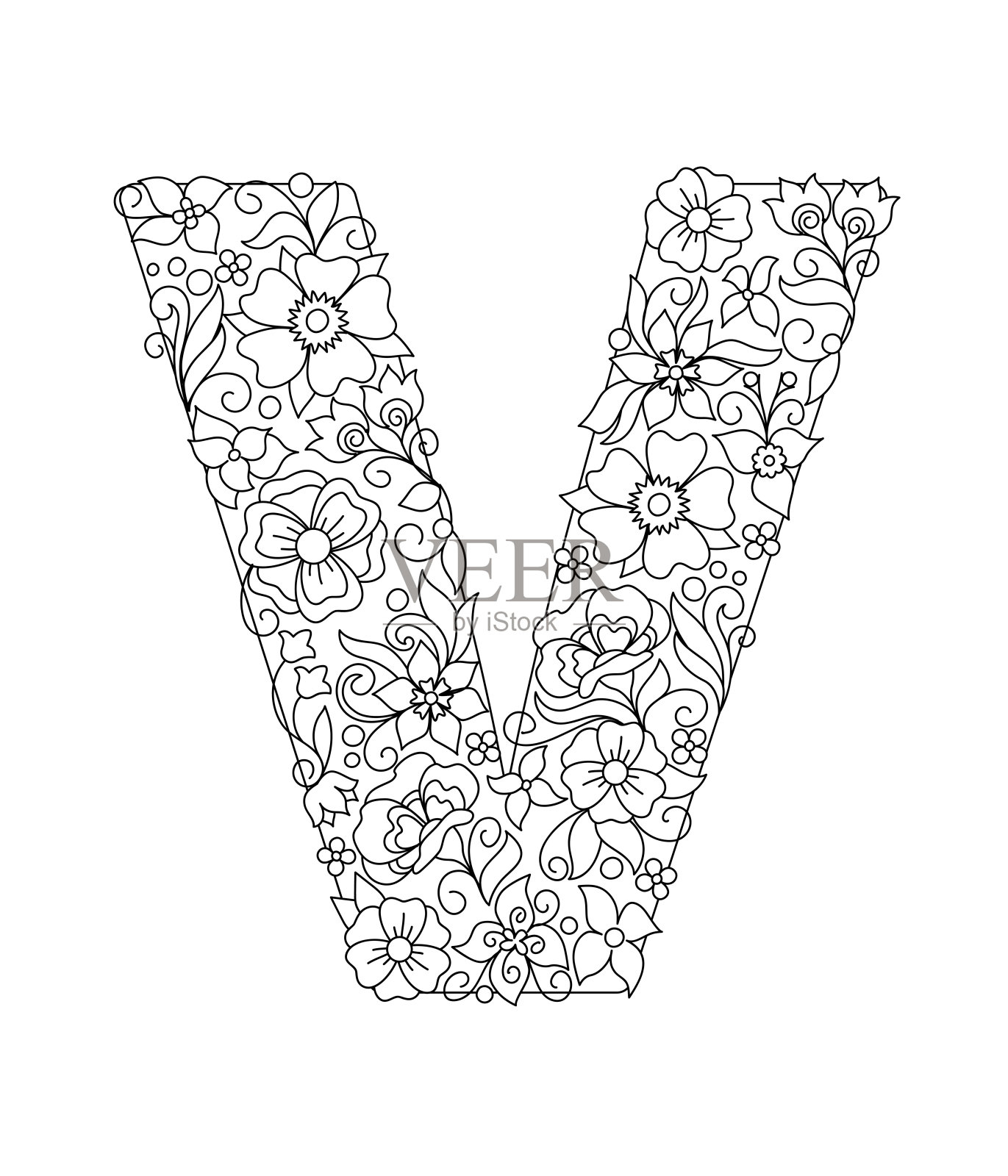大写字母V与抽象的花图案设计元素图片