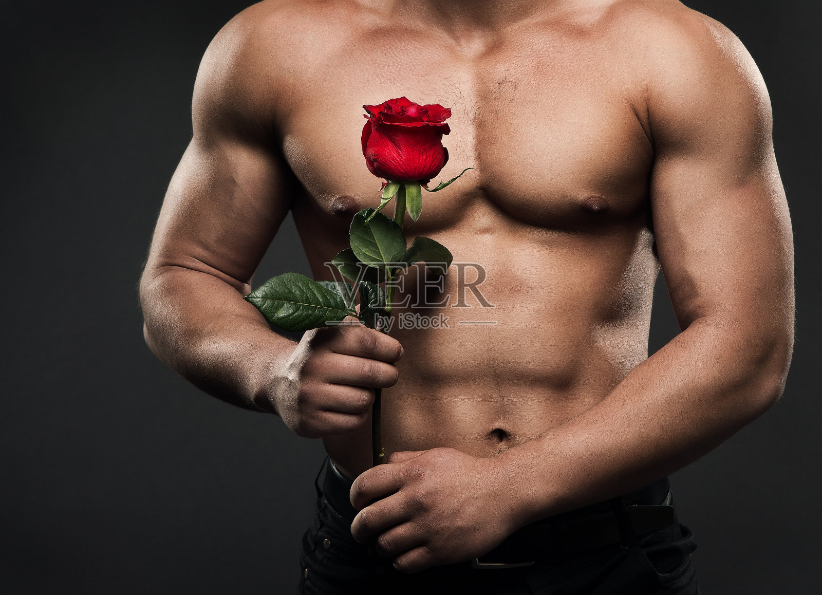 肌肉裸上身男子躯干与玫瑰花，性感的运动员男孩裸体工作室拍摄照片摄影图片