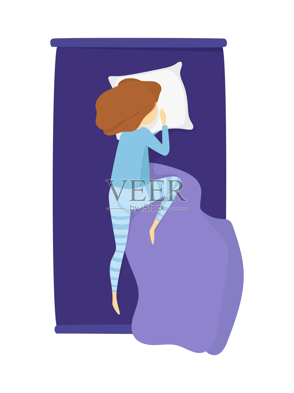向量熟睡的女孩在蓝色睡衣躺在床上。插图孤立在白色背景上。设计元素图片