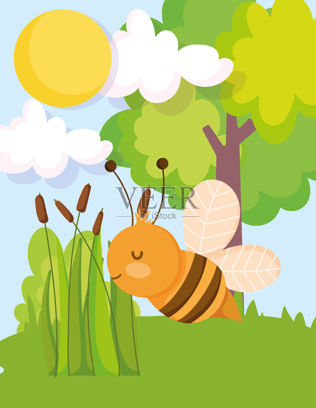 可爱的飞行蜜蜂，树木，植物，农场动物卡通插画图片素材