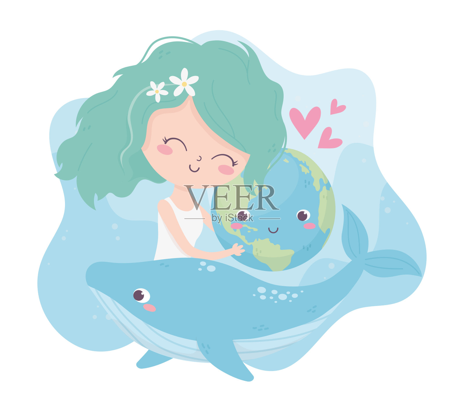 可爱的女孩拥抱世界鲸爱心环境生态插画图片素材
