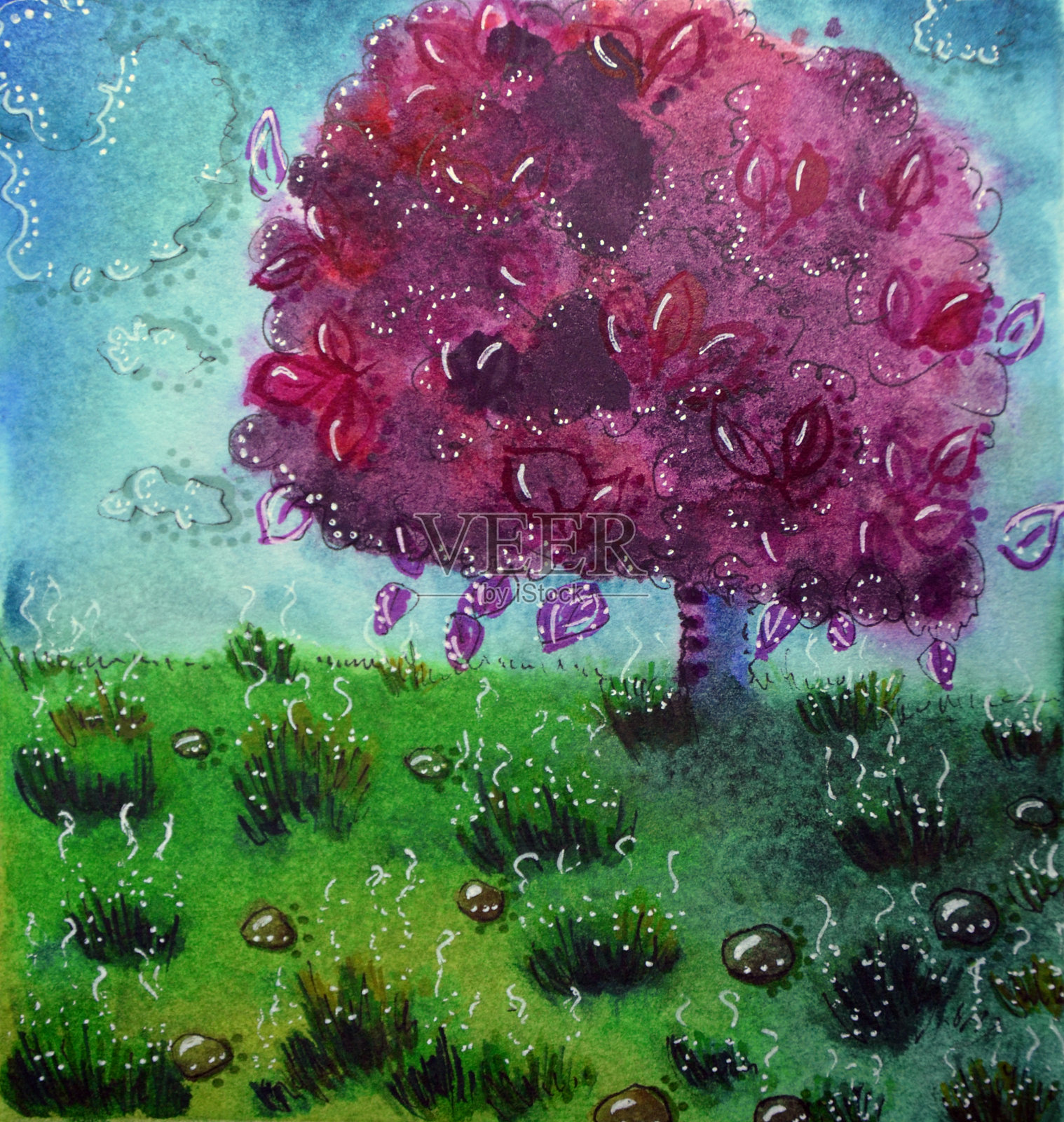 开花樱桃紫色的树与绿色的草。春天的风景。水彩手绘插图。插画图片素材