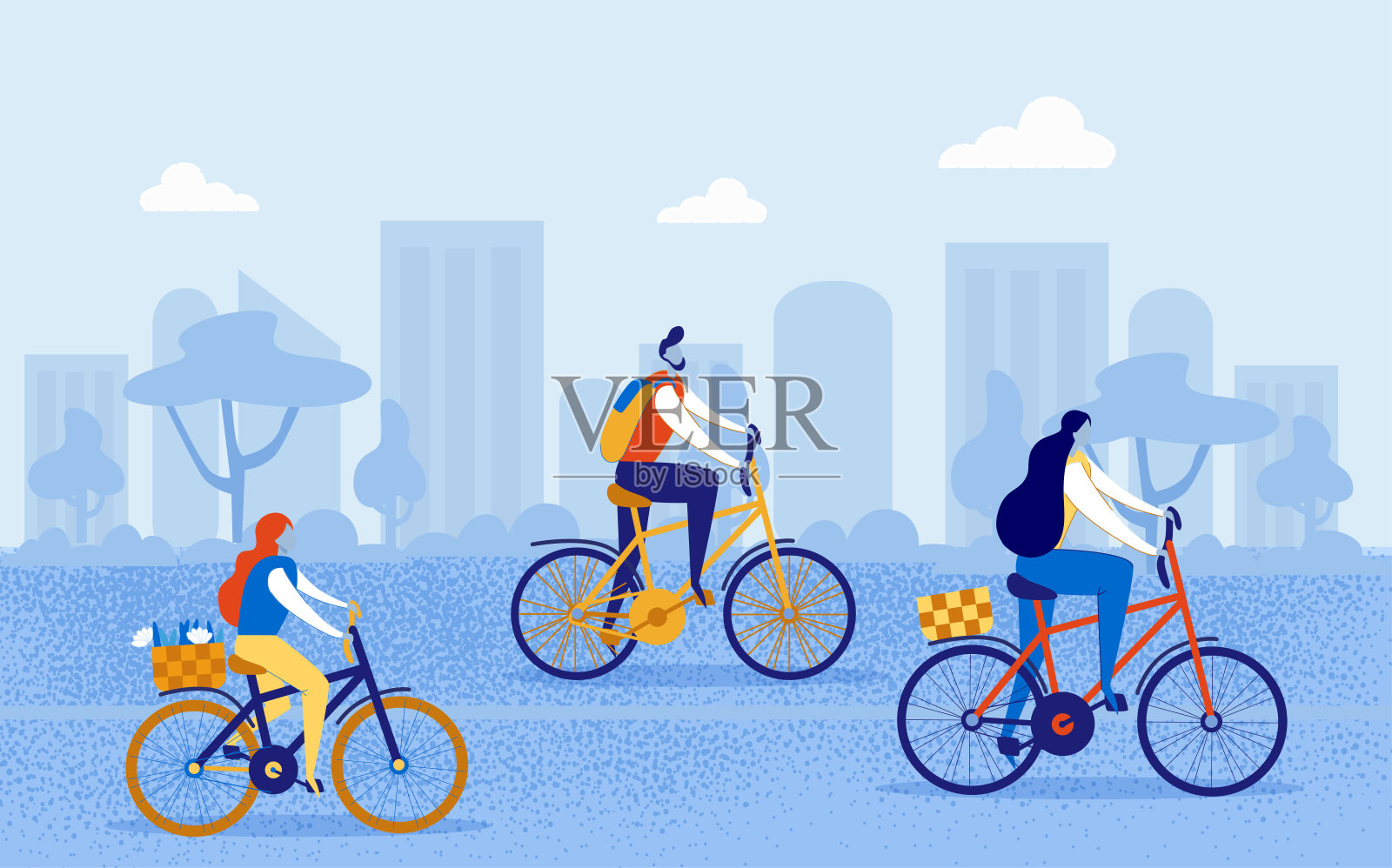 快乐家庭在城市街道上骑自行车去野餐插画图片素材