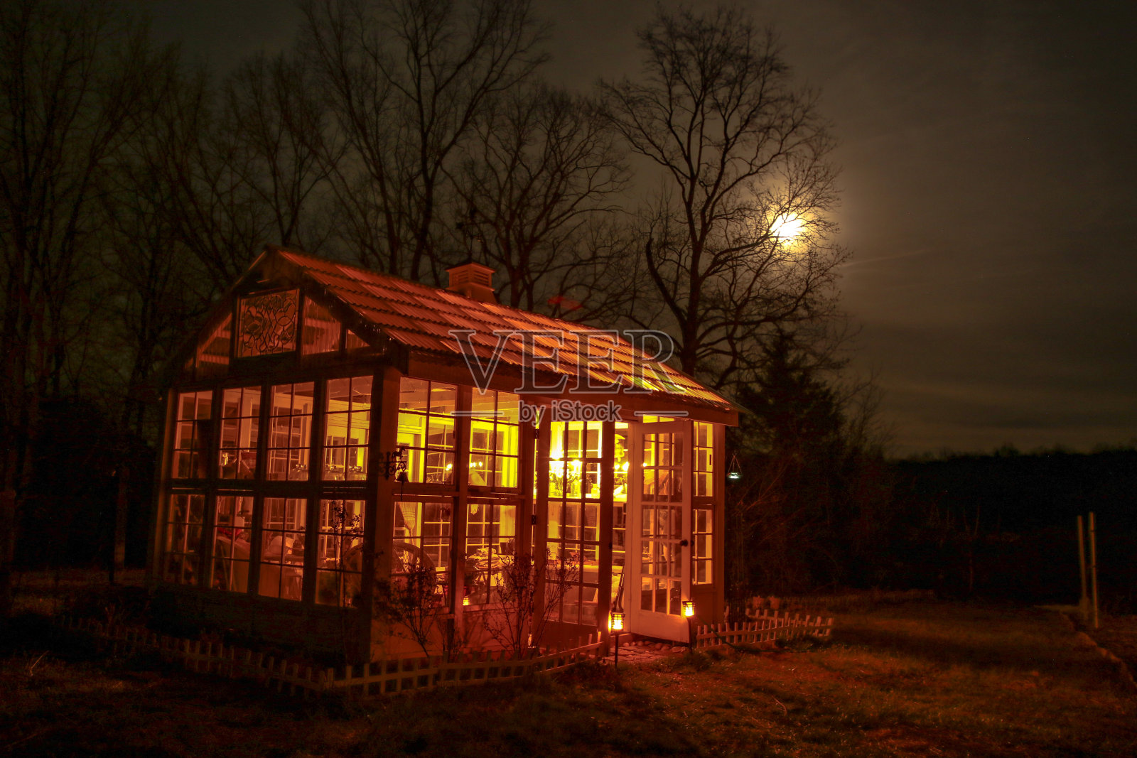 一个美丽的维多利亚风格的花园温室的夜景，满月在树上照片摄影图片