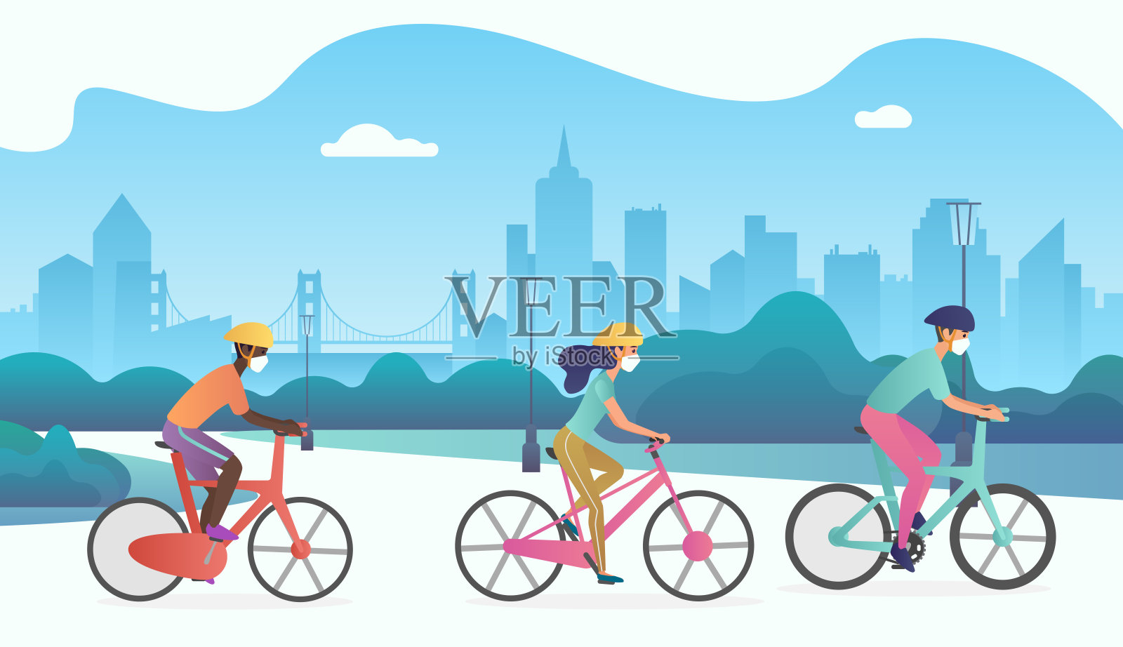 骑自行车的人戴防护医疗口罩和骑自行车在公共公园街道。插画图片素材
