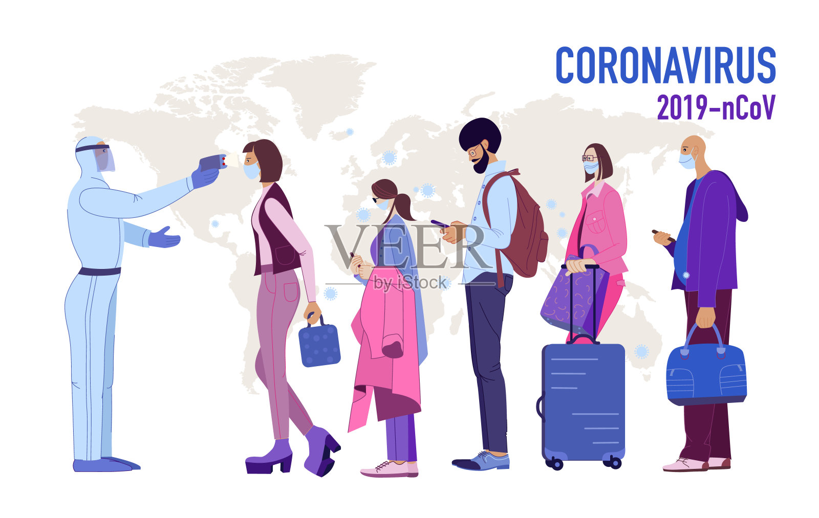 COVID-19疫情概念说明。多种族的人戴着医用口罩排队。乘客被测量温度。新型冠状病毒(2019 - ncov)。插画图片素材