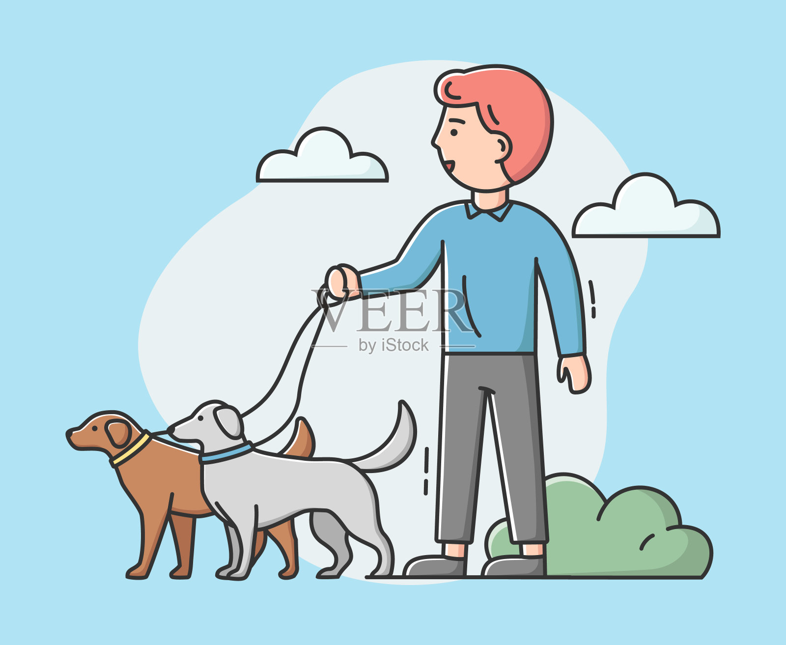 遛狗的概念。男性角色遛狗人在公园里遛狗。四条腿的朋友和男孩一起在外面玩得很开心。卡通线性轮廓扁平风格。矢量图插画图片素材
