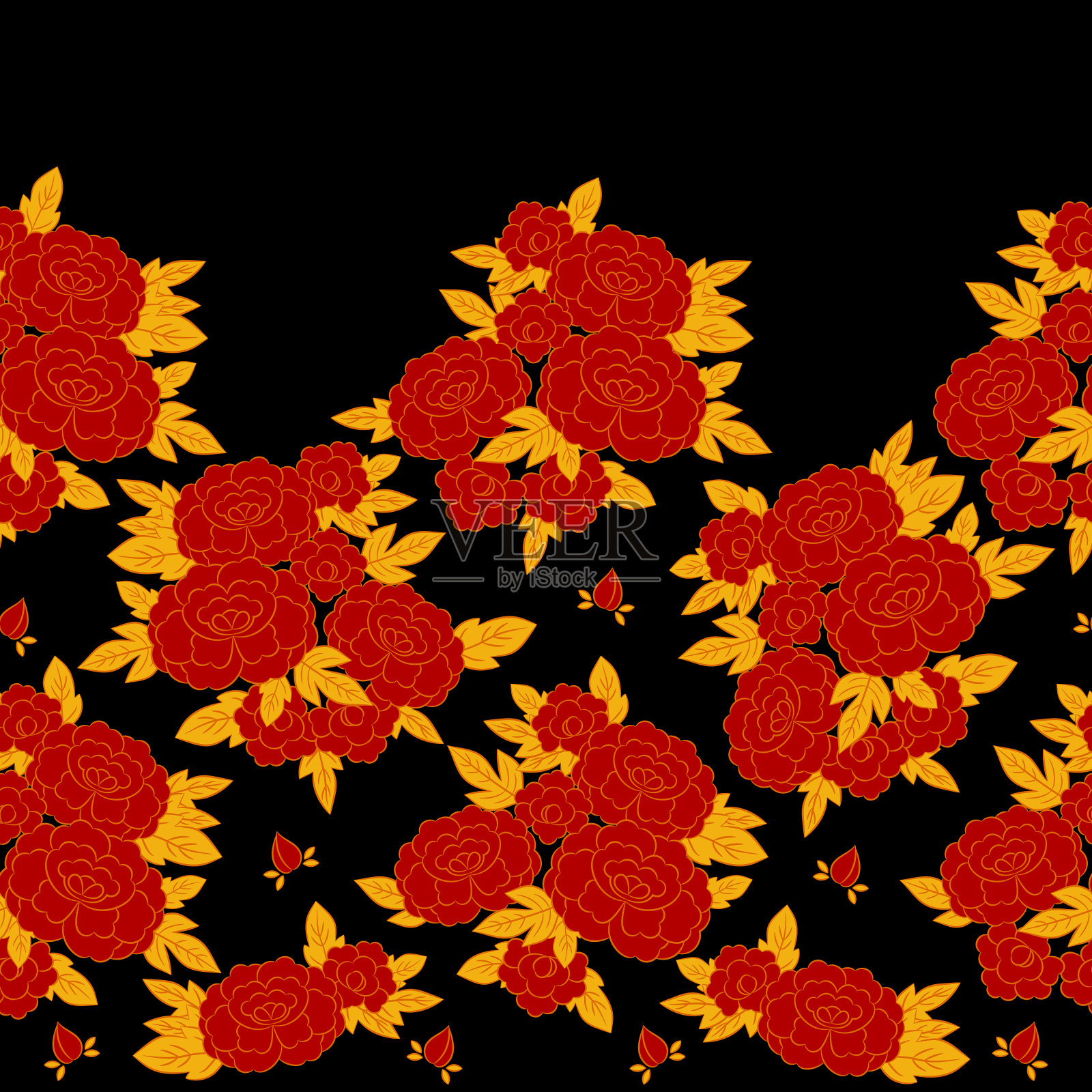 牡丹日本图案无缝矢量。东方的镶边花背景。民族服饰的复古花印花插画图片素材