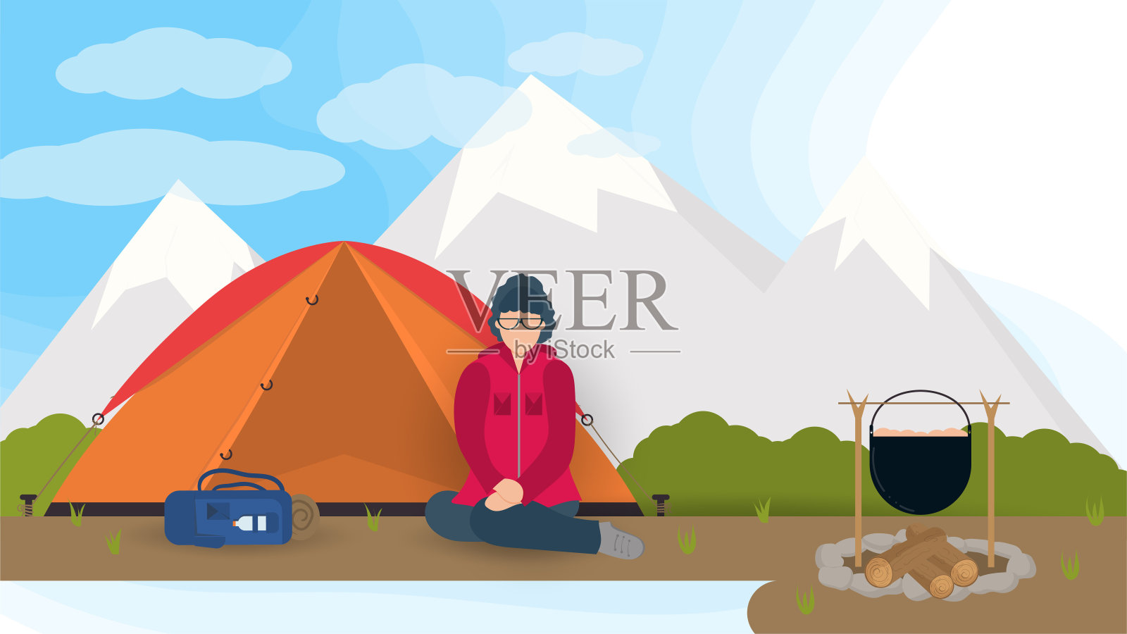 在大自然中，一个女孩坐在她的膝盖附近的旅游帐篷，背景是山平面矢量插图插画图片素材
