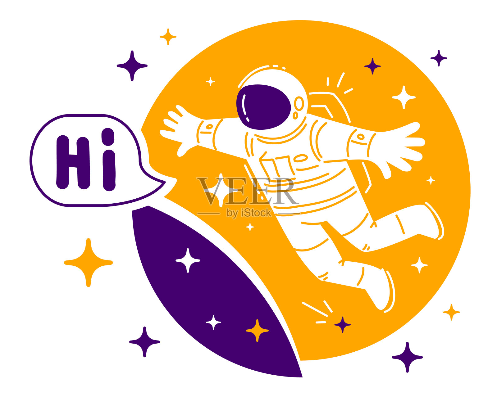宇航员穿着宇航服探索外层空间的矢量图。宇航员在零重力和星星的彩色背景下飞行。插画图片素材