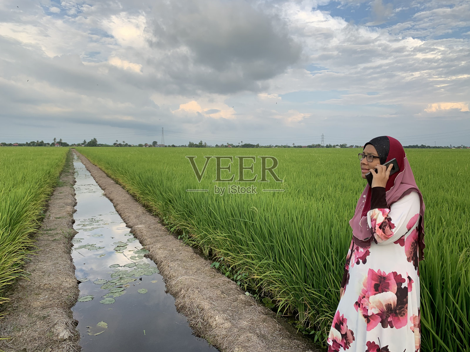 一名亚裔穆斯林妇女用手机走进稻田照片摄影图片