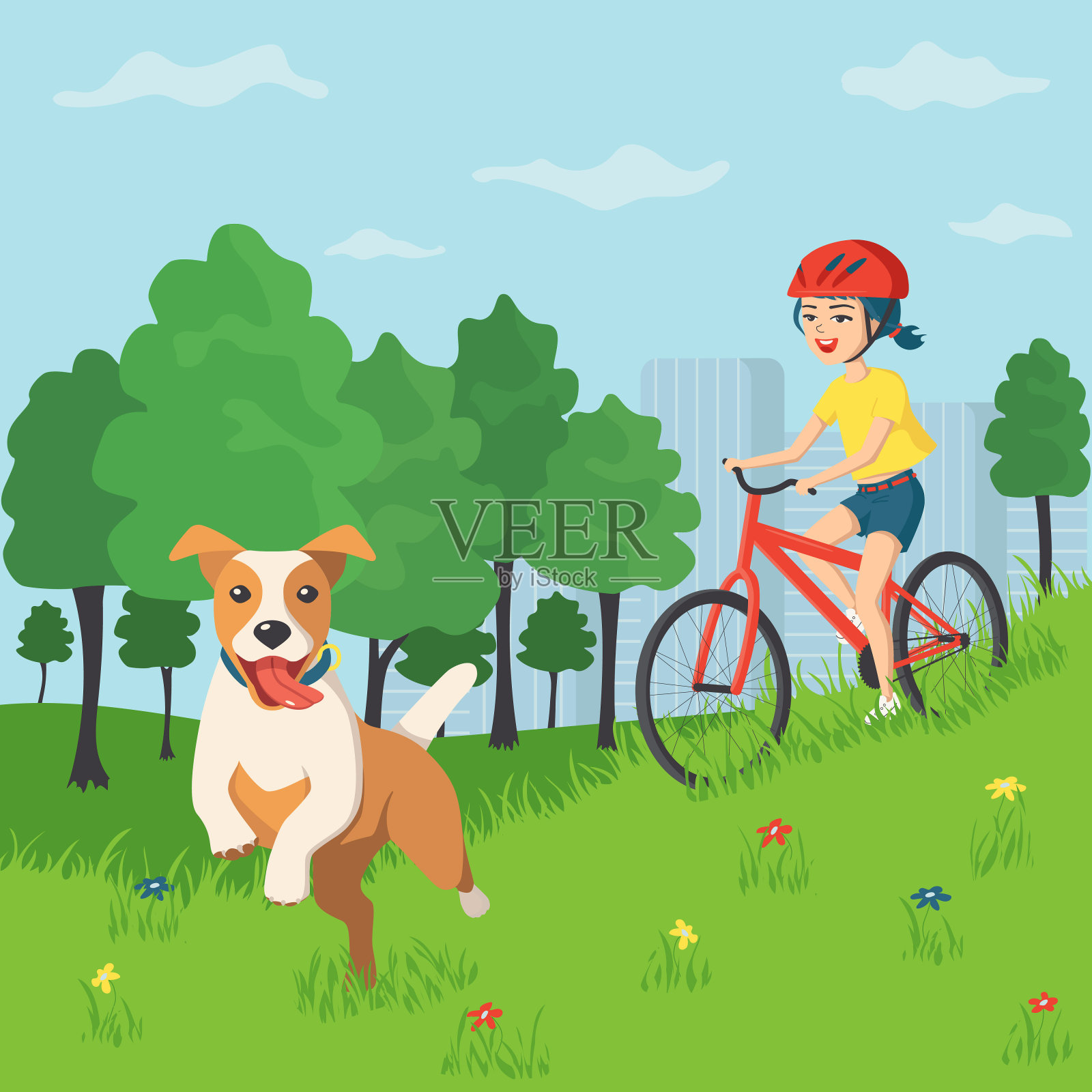 快乐微笑的少女戴着一顶头盔在城市公园里的自行车。她的狗跑在前面。夏天带着狗在乡间散步。矢量插图在一个平坦的卡通风格插画图片素材