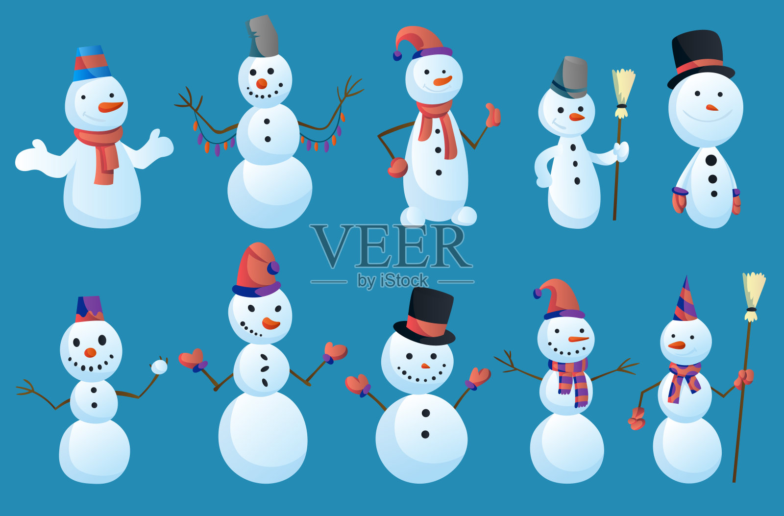 雪人在不同的姿势与大礼帽和围巾隔离在白色的背景。冬天的主题。向量人物插图设计元素图片