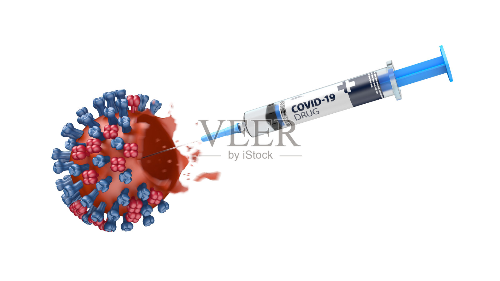 用注射器注射COVID-19药物摧毁冠状病毒。插画图片素材