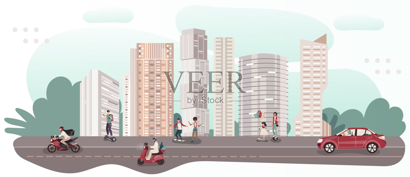 人们在现代城市中乘坐不同的交通工具，矢量插图设计元素图片