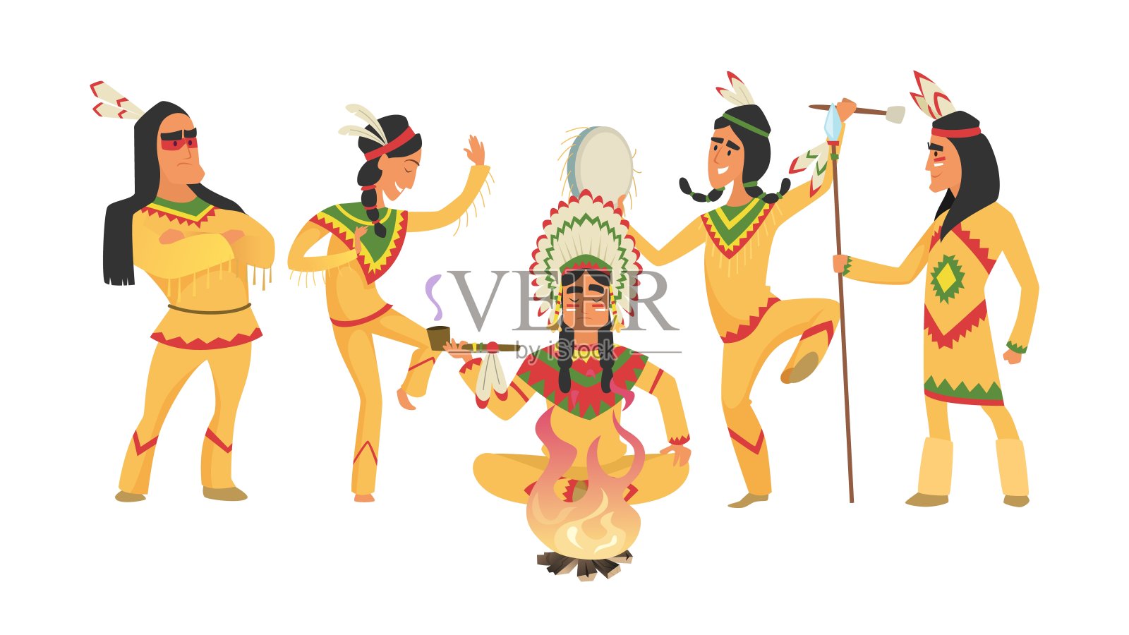 印第安人。萨满和火，仪式上跳舞的人。印度武士矢量图插画图片素材