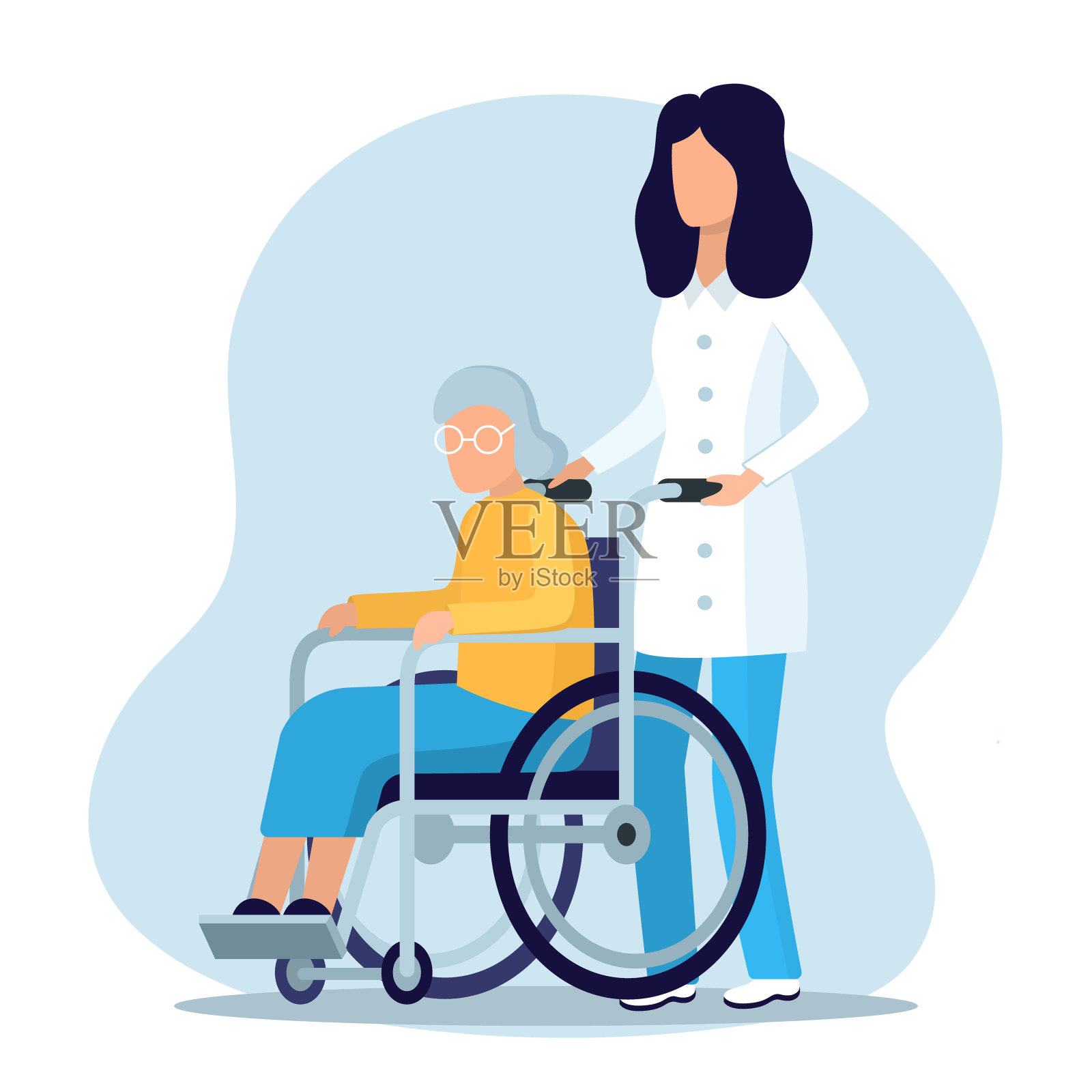 卡通色彩人物女性护士和祖母坐在轮椅的概念。向量插画图片素材