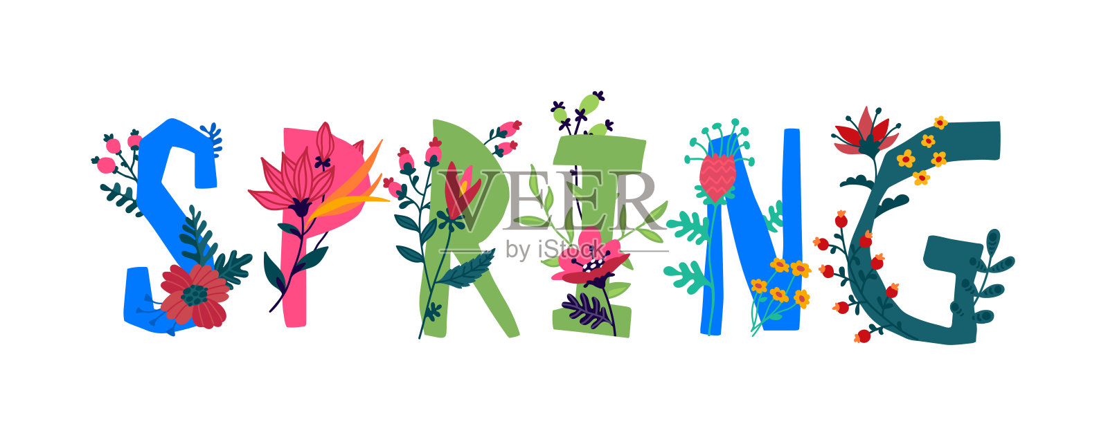 上面的题词是“春天”。信件。植物和花的生命。野生动物的力量。字母周围有花和花蕾。春天来了。平的风格。标志的邀请。插画图片素材