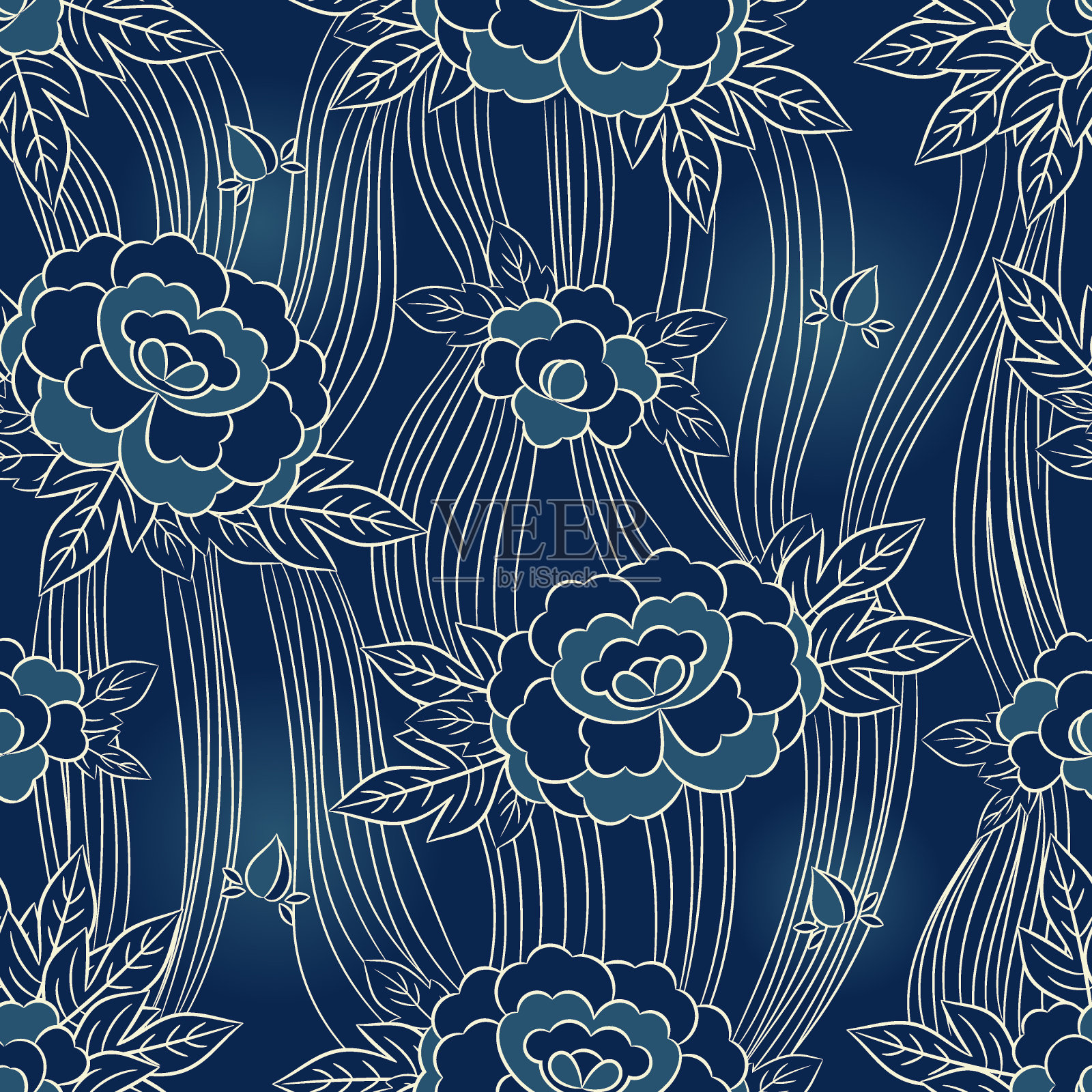 牡丹日本图案无缝矢量。东方的背景。蓝色复古花印花插画图片素材