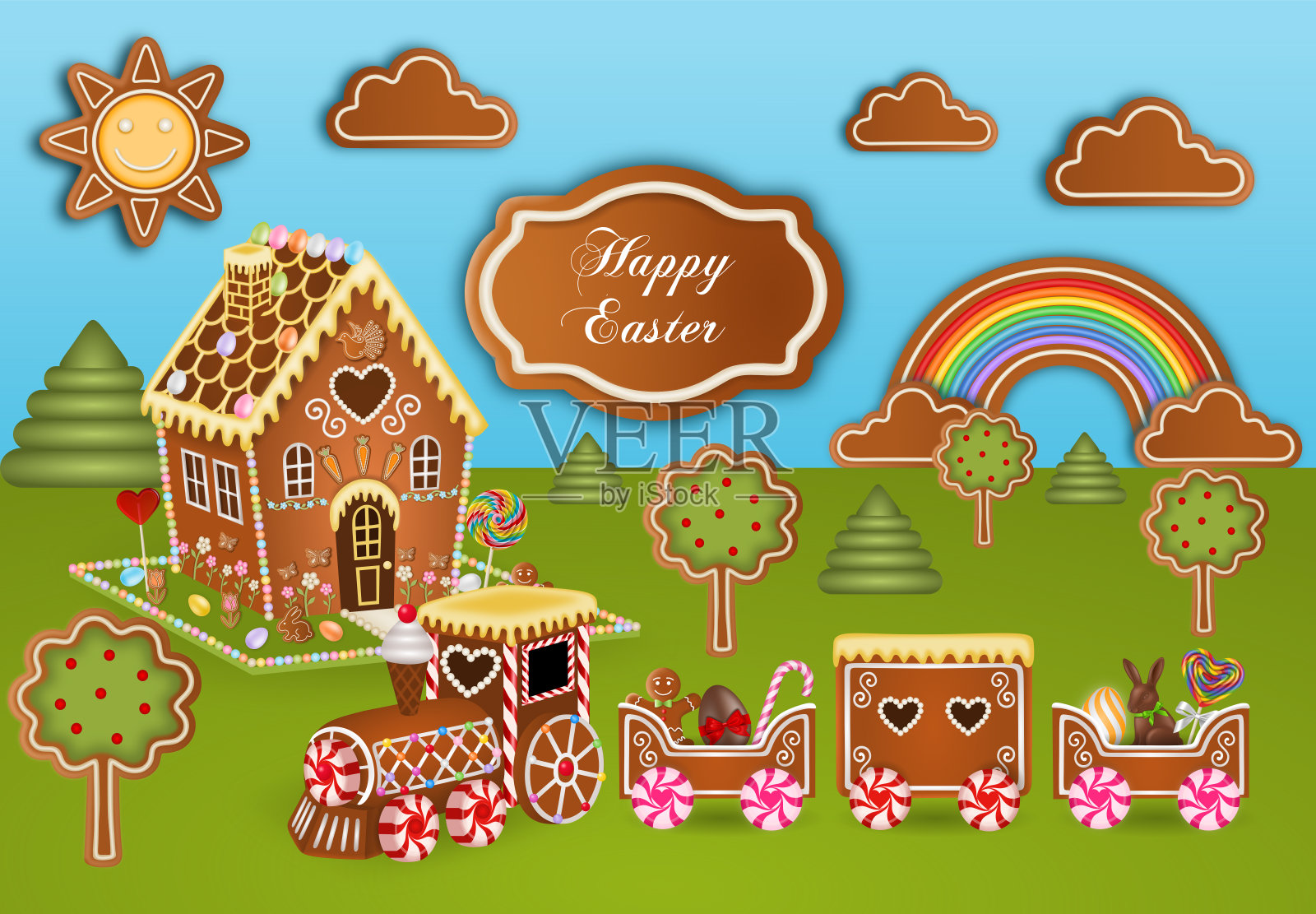 有姜饼、糖果和复活节彩蛋的复活节贺卡插画图片素材