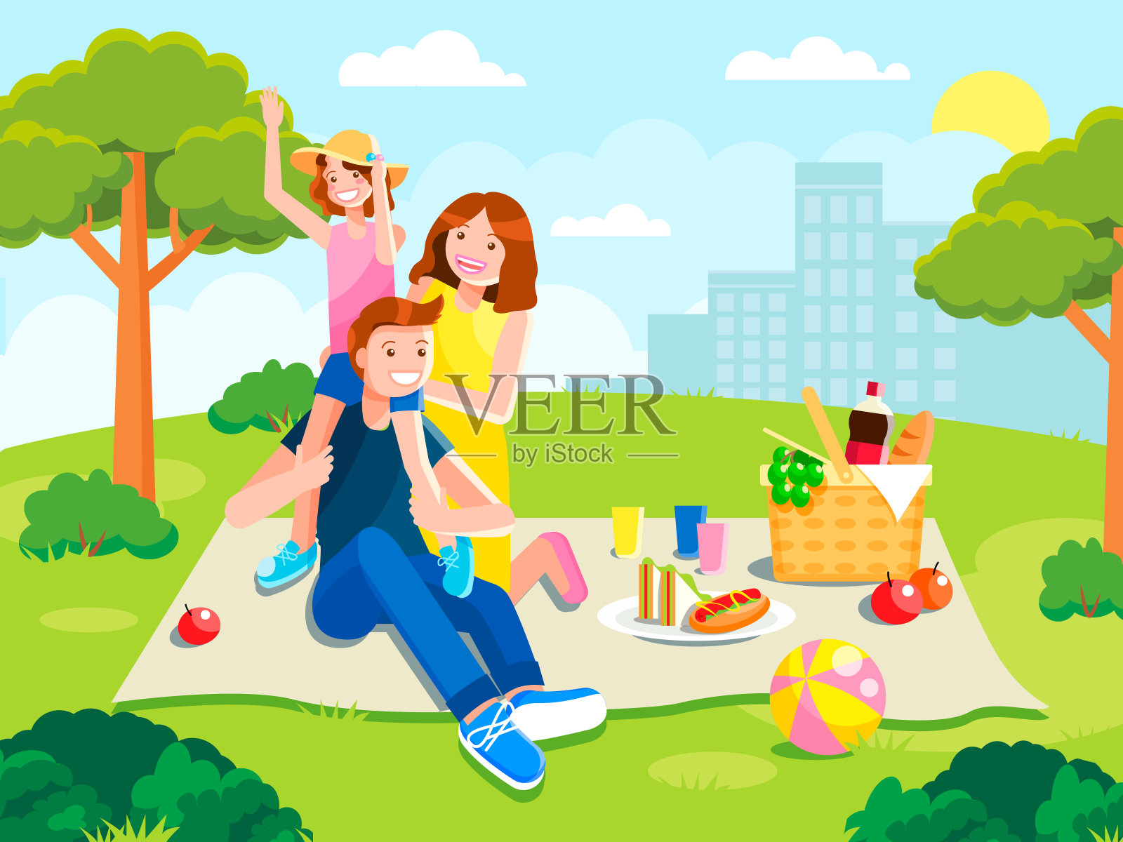 快乐的一家人在野餐。在公园吃饭休息。插画图片素材