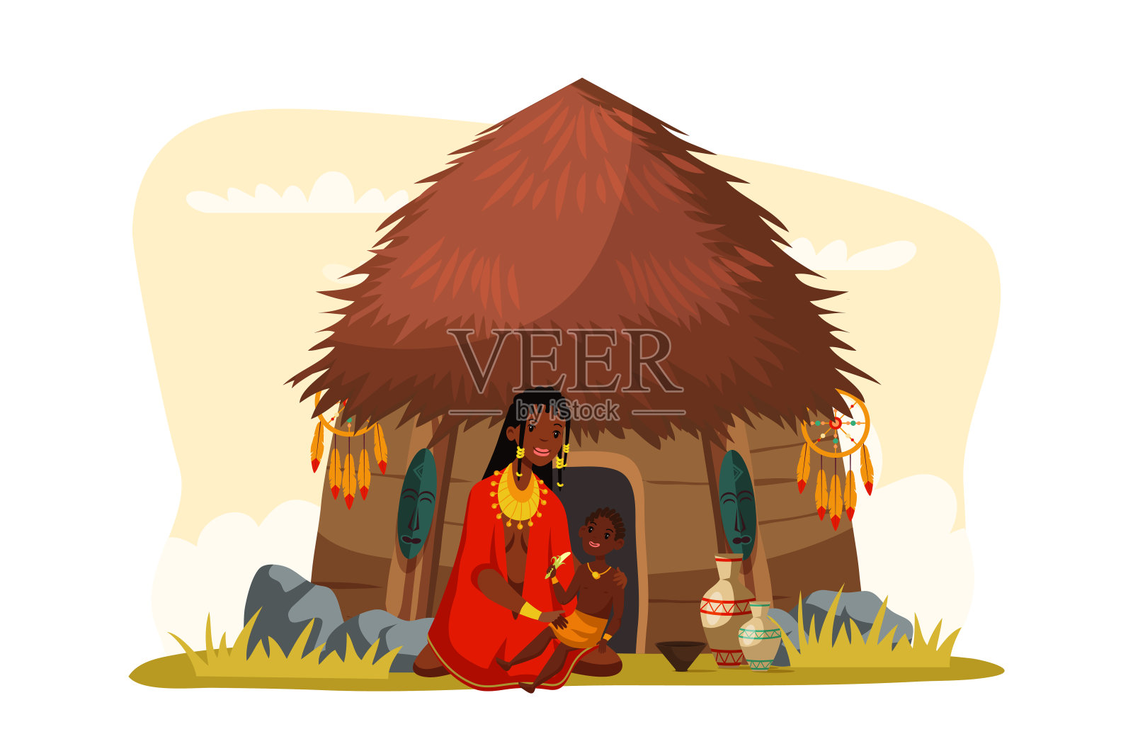 坐在小屋附近的非洲部落妇女和孩子插画图片素材
