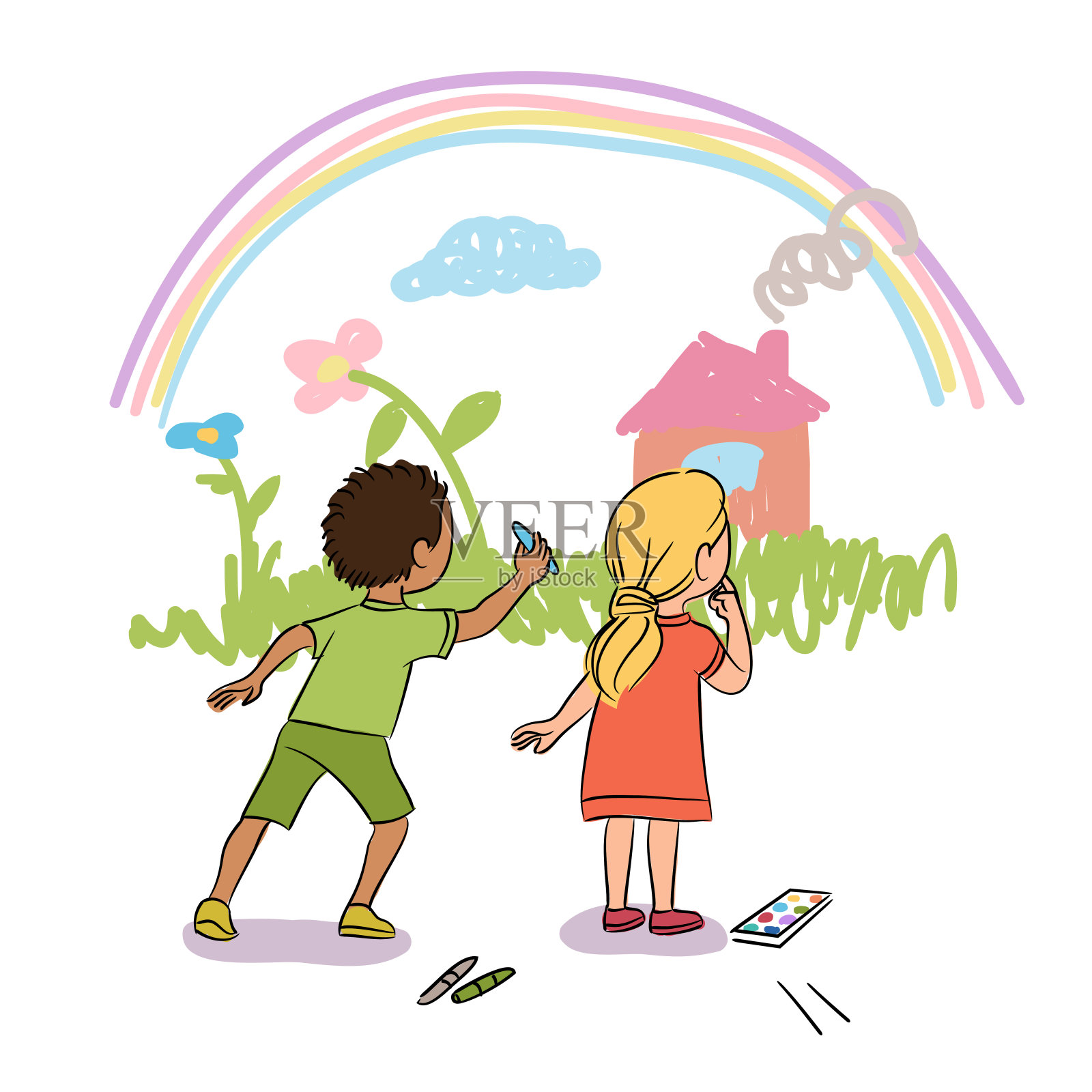 可爱的小男孩和小女孩用粉笔在墙上画画插画图片素材