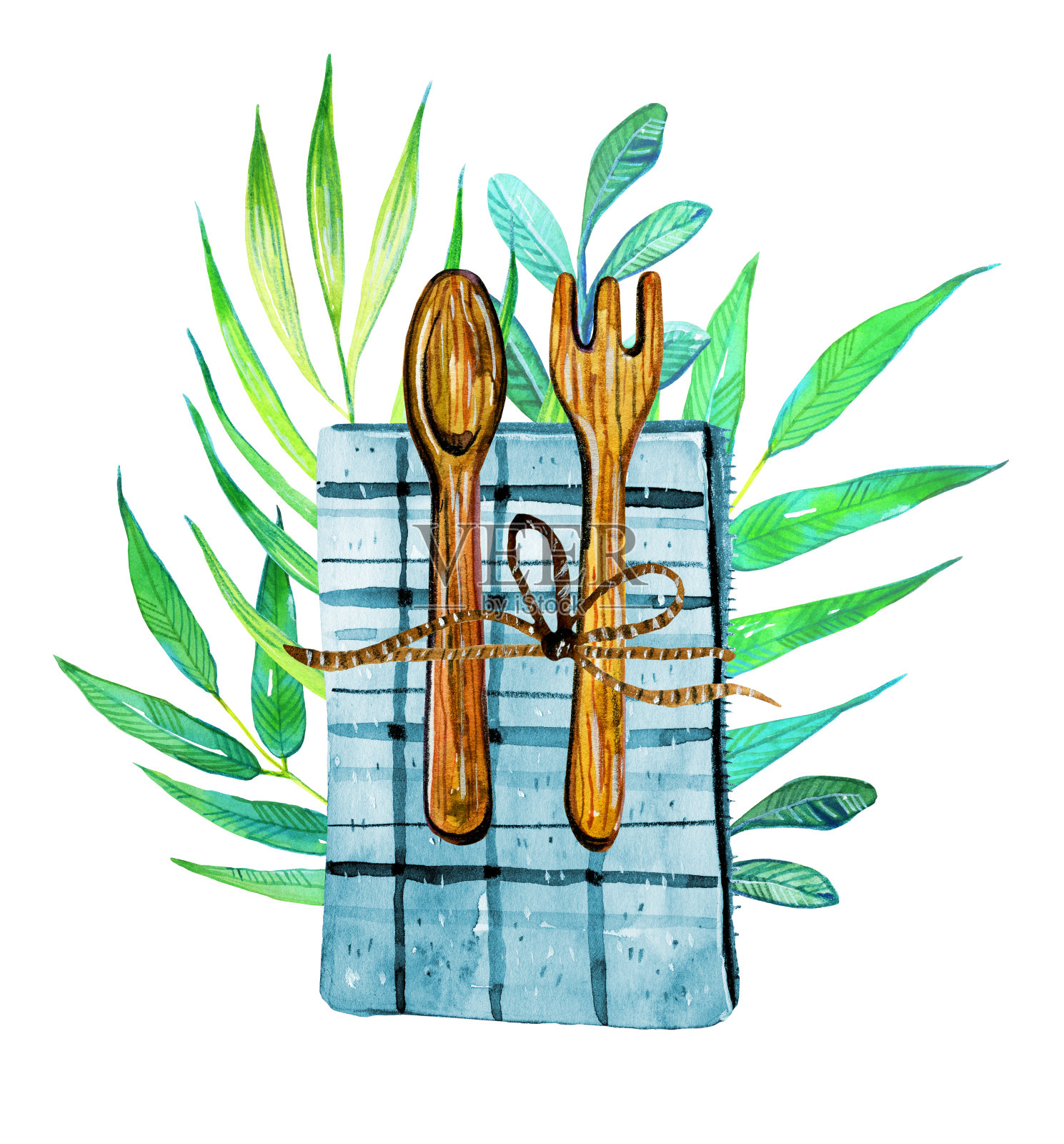 毛巾和树叶上的木制餐具零浪费理念插画图片素材