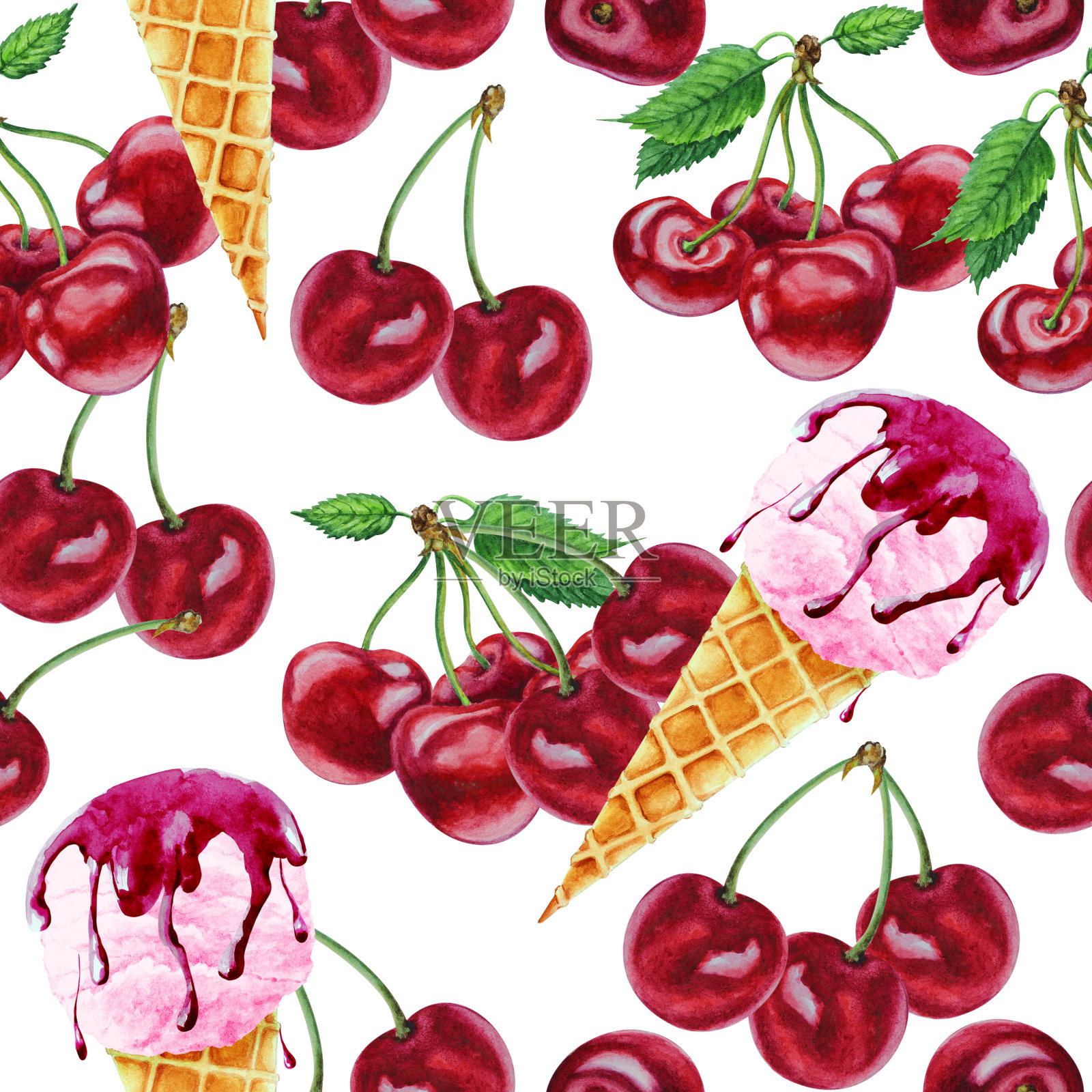 樱桃浆果和冰淇淋蛋卷，无缝图案，手绘。插画图片素材