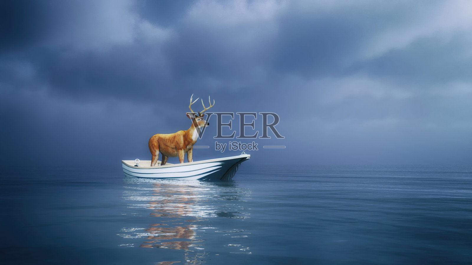 鹿站在海里的一艘船上。这是一个3d渲染图。照片摄影图片