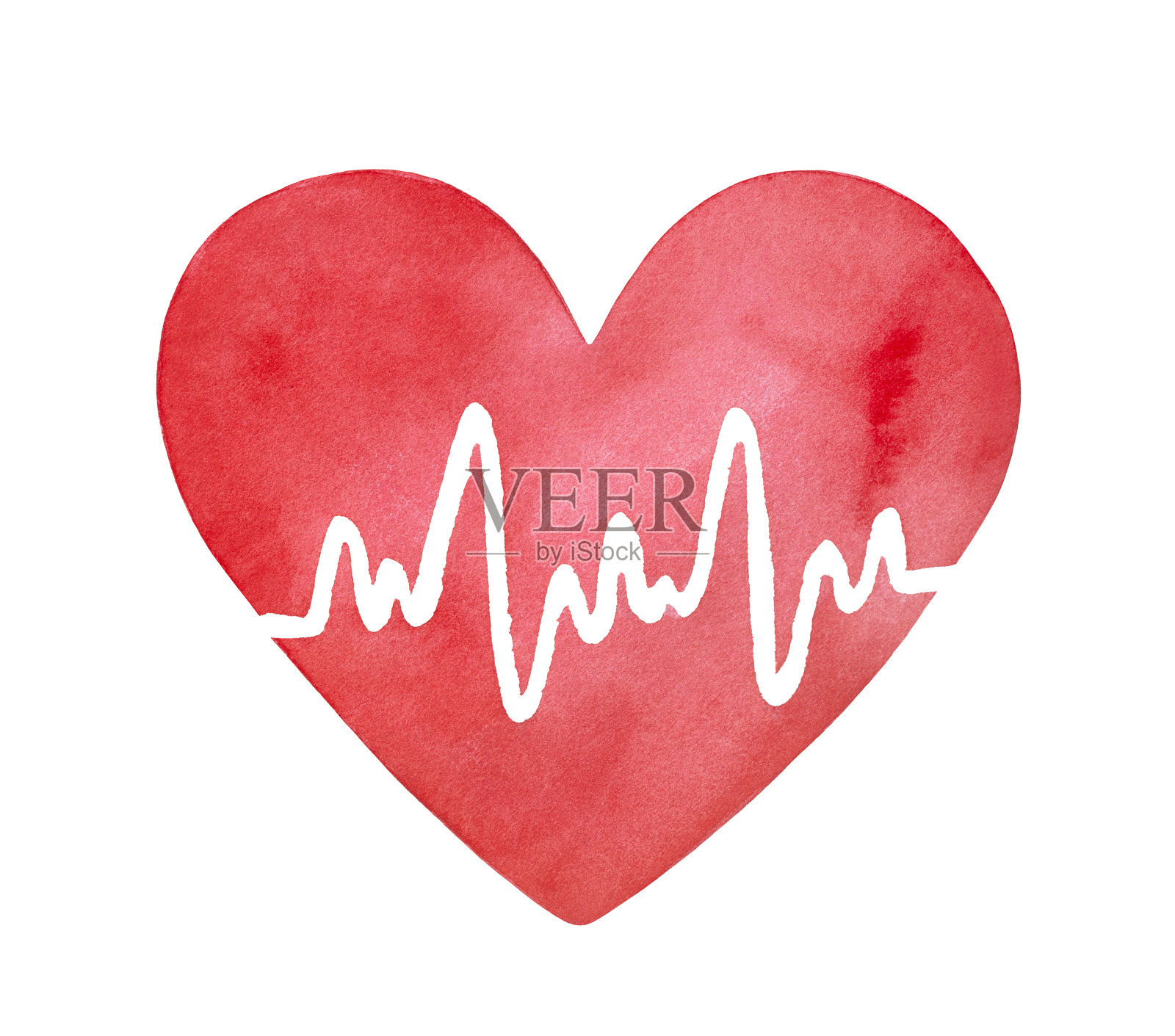 明亮的红色水彩心脏形状与白色心电图线。象征着医学、健康、心脏病学。手绘水彩艺术绘图，剪纸元素的创意设计装饰。设计元素图片